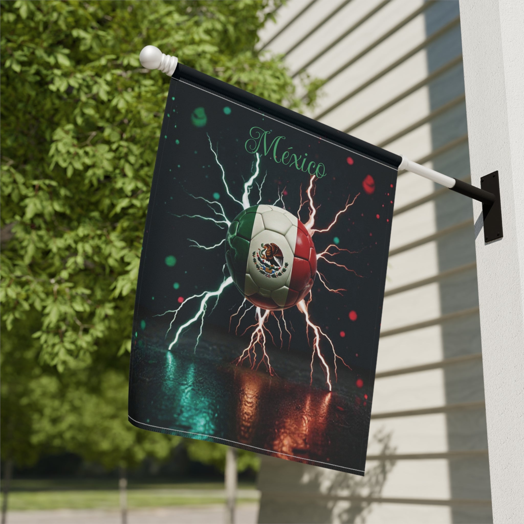 Mexico Soccer Ball Lightning Garden Flag — Patriotic Football House Banner