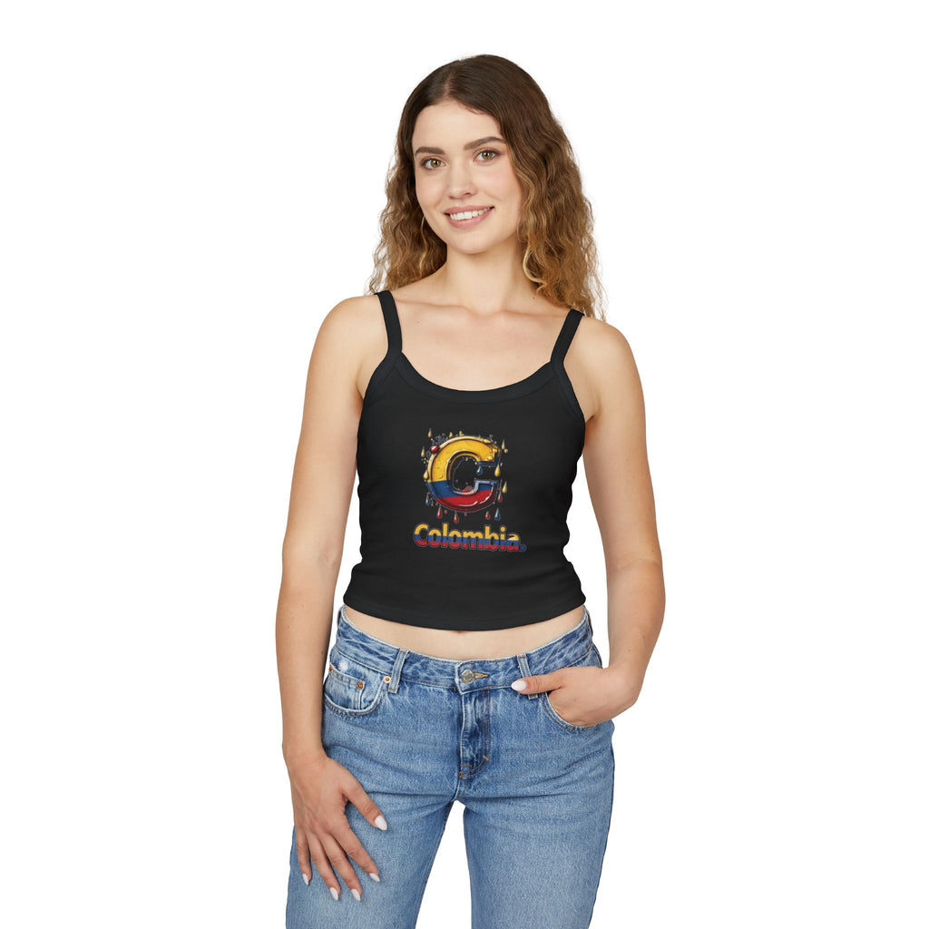 Camiseta sin mangas para mujer de inspiración colombiana: tirantes finos y diseño colorido