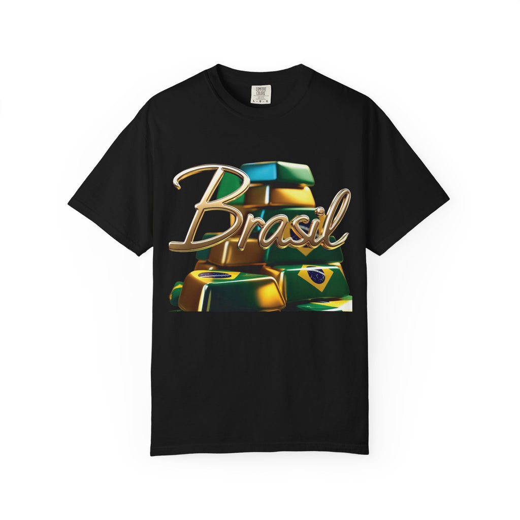Unisex T-shirt with a Brazilian gold bar design – perfect for travelers and festival lovers
