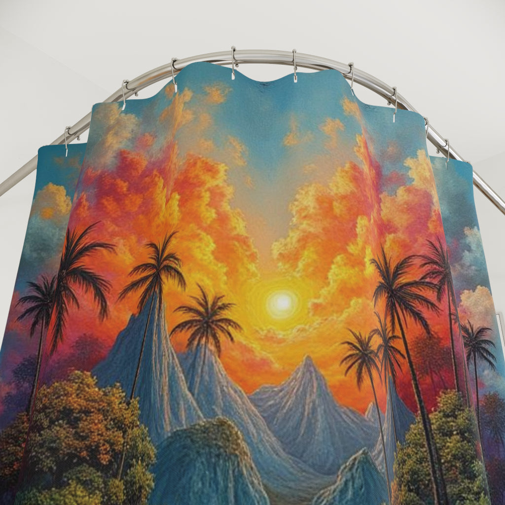 "Tropical Sunset" Shower Curtain — Fantasy Landscape in Vivid Colors