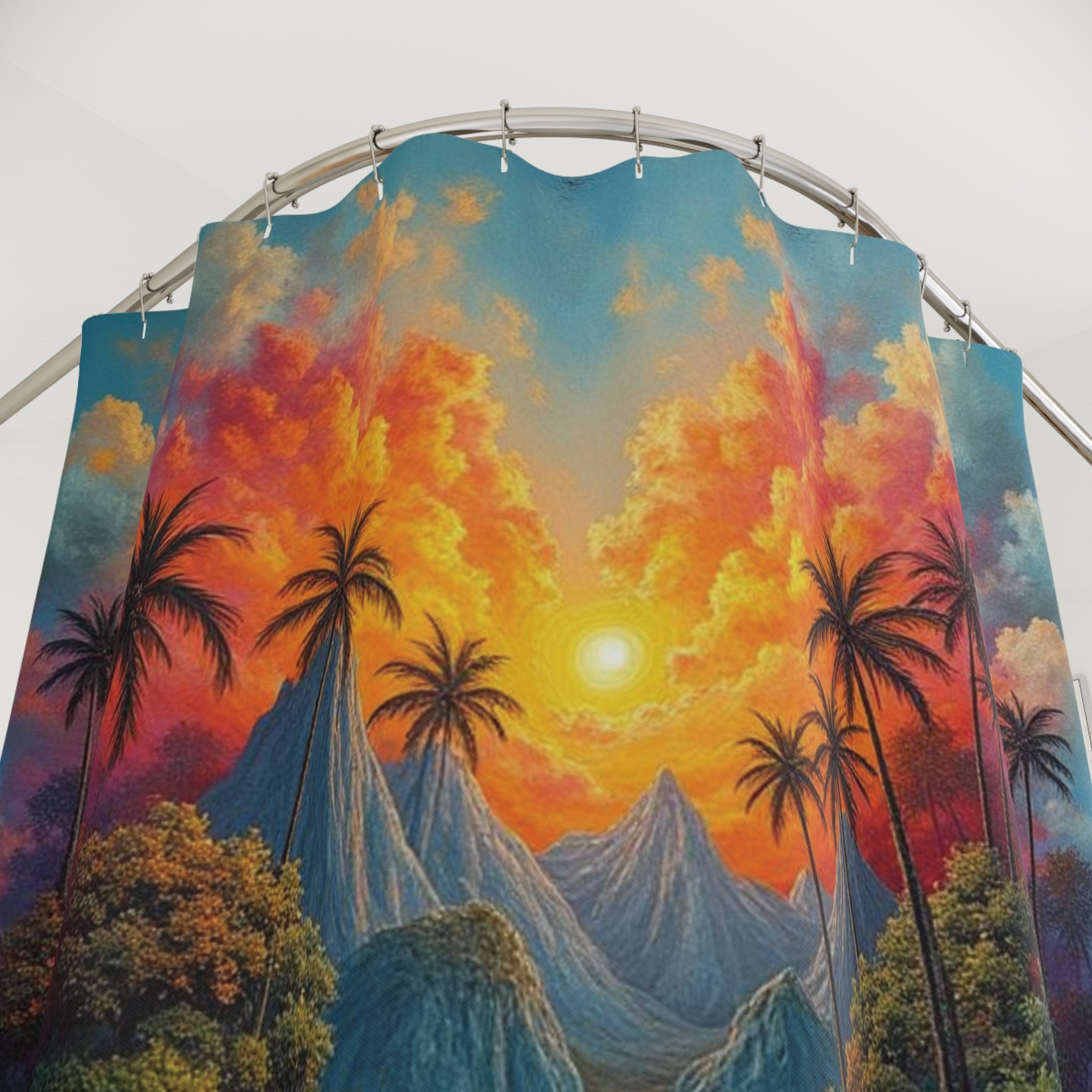 "Tropical Sunset" Shower Curtain — Fantasy Landscape in Vivid Colors