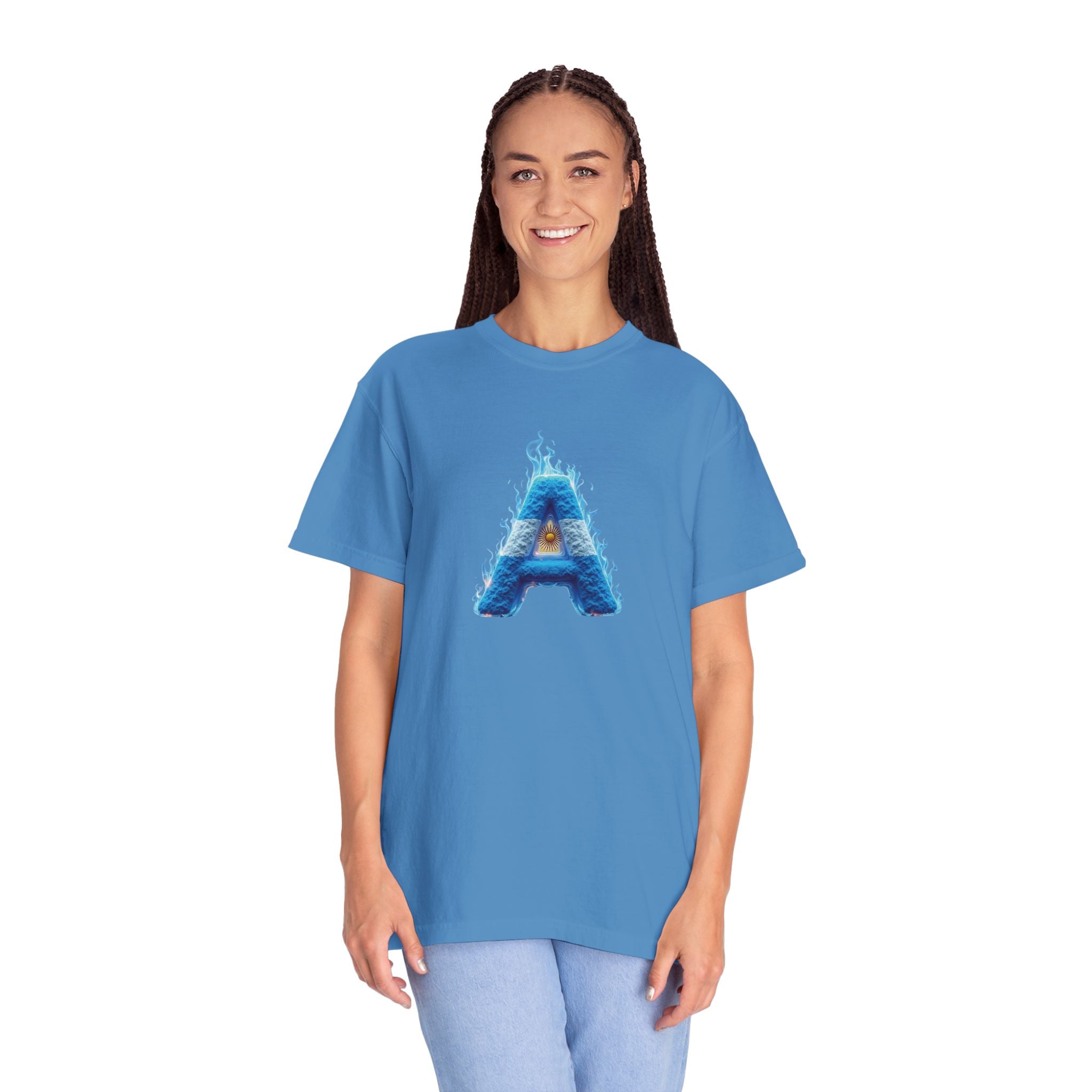 Unisex Argentina Fire &amp; Ice T-shirt with the "A" illustration: modern and comfortable for art lovers.