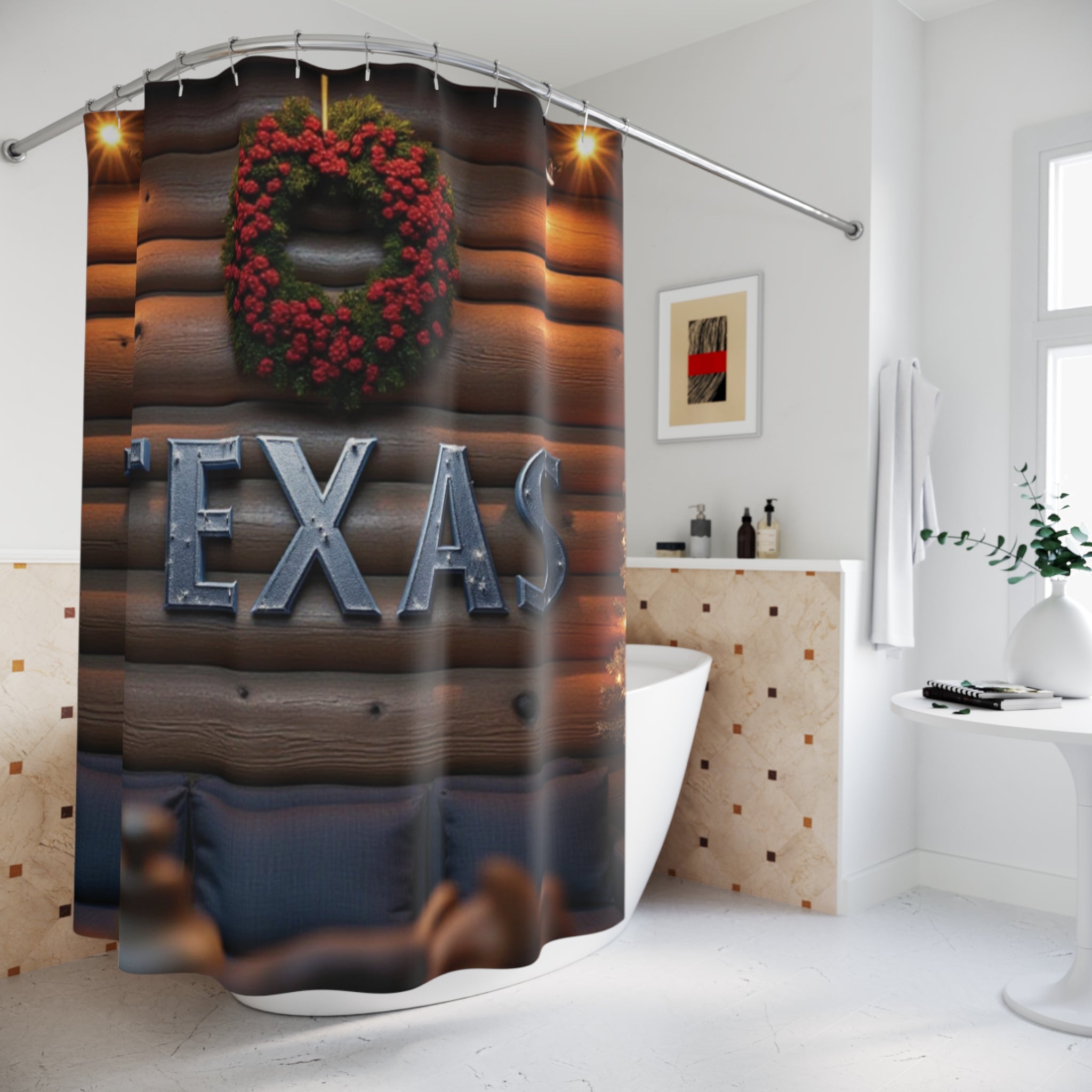 Rustic Texas Wreath Shower Curtain, Cozy Home Decor, Holiday Bathroom Style, Farmhouse Aesthetic, Texas-themed Gift 