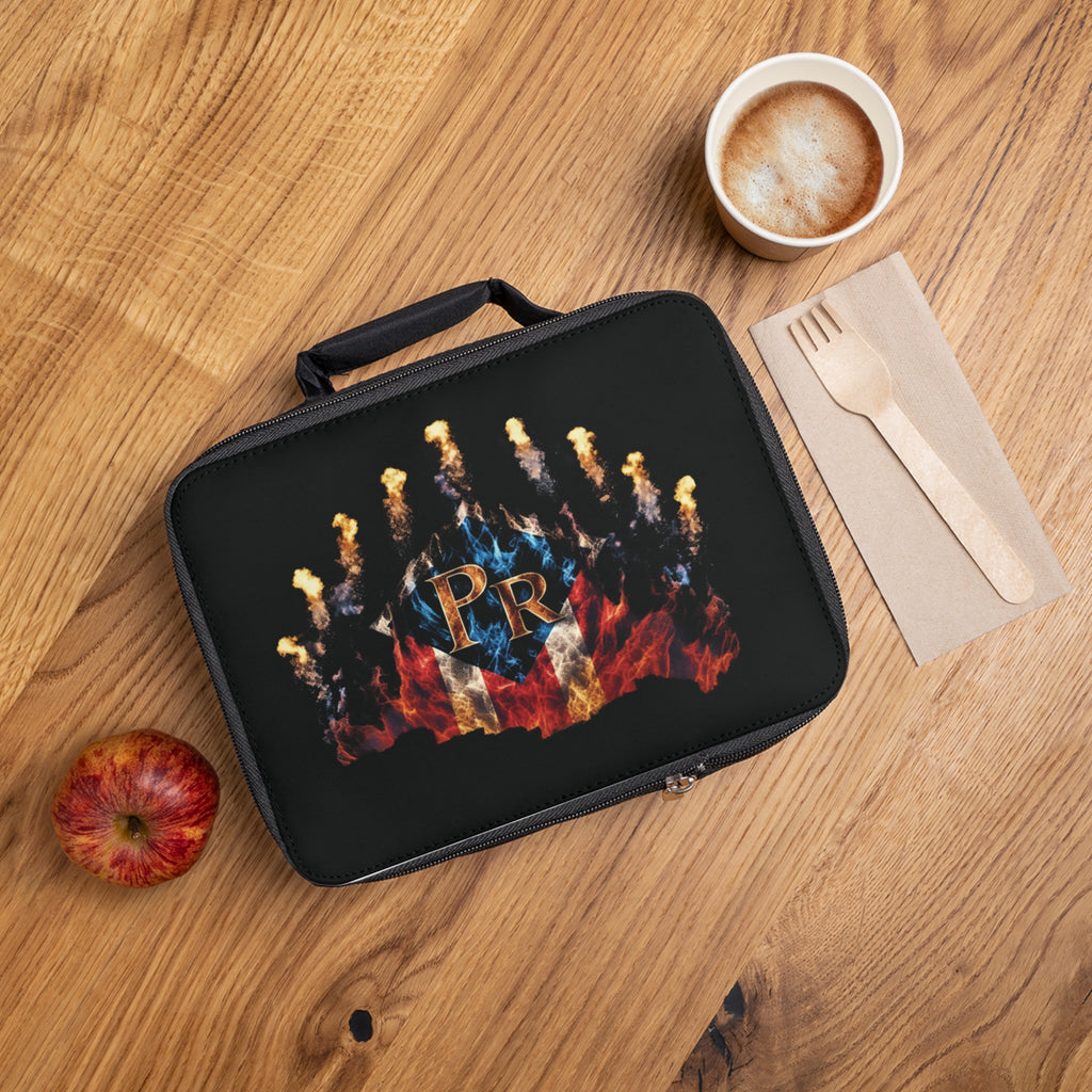 Bolsa de almuerzo con diseño de fuego y logotipo de PR: perfecta para la escuela, el trabajo y picnics.