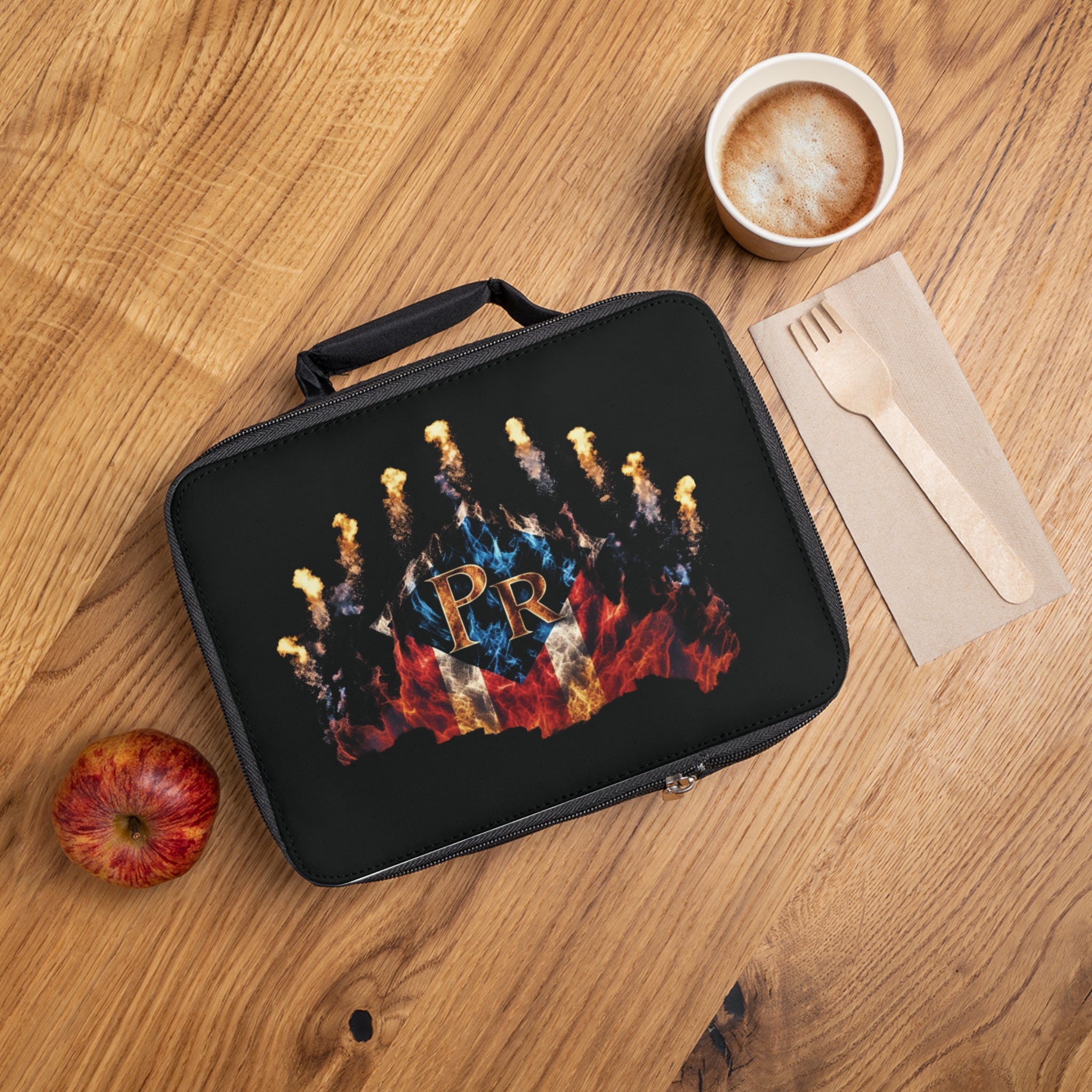 Bolsa de almuerzo con diseño de fuego y logotipo de PR: perfecta para la escuela, el trabajo y picnics.