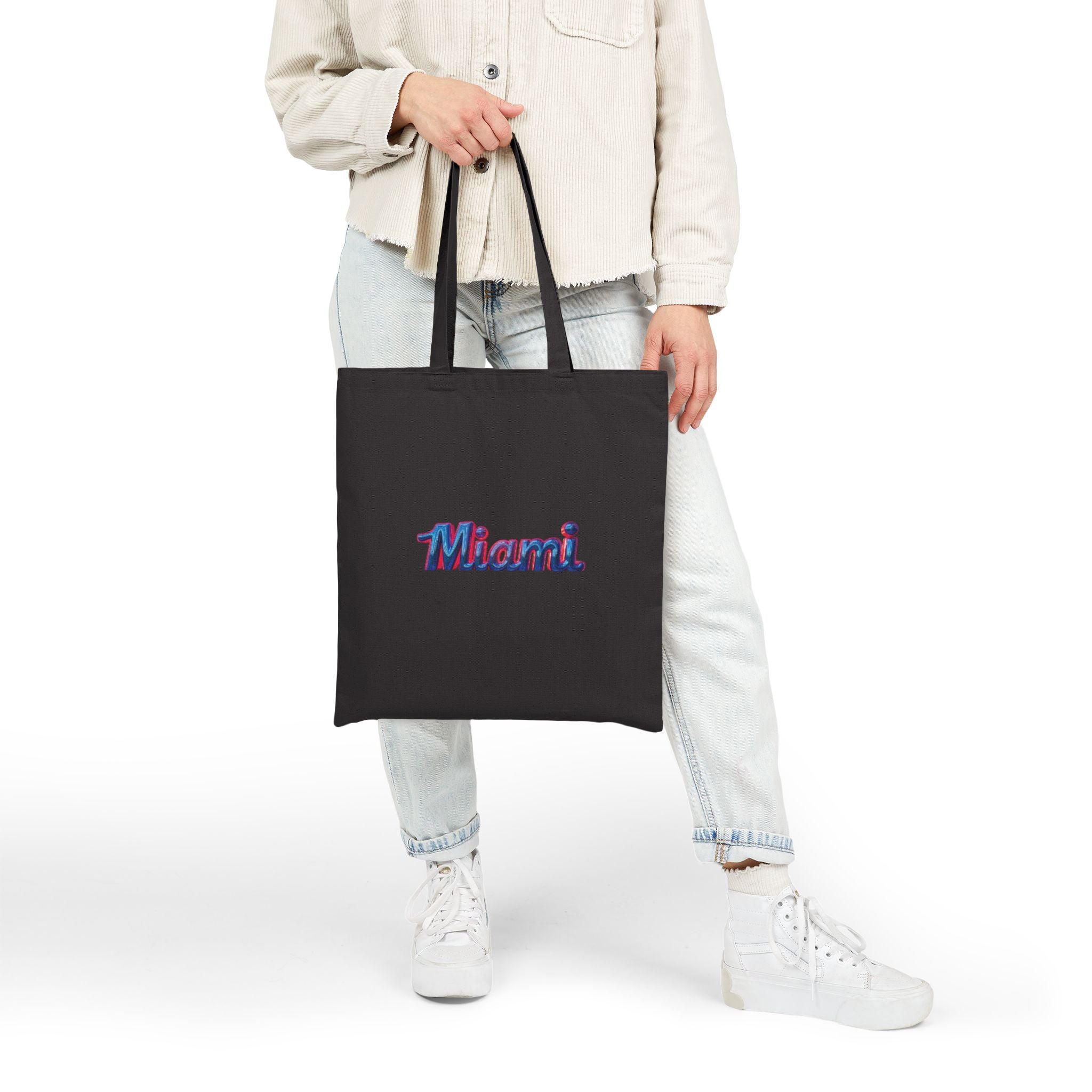 Miami Retro Script Canvas Tote Bag — Vintage 80s Vibe Beach & City Shopper