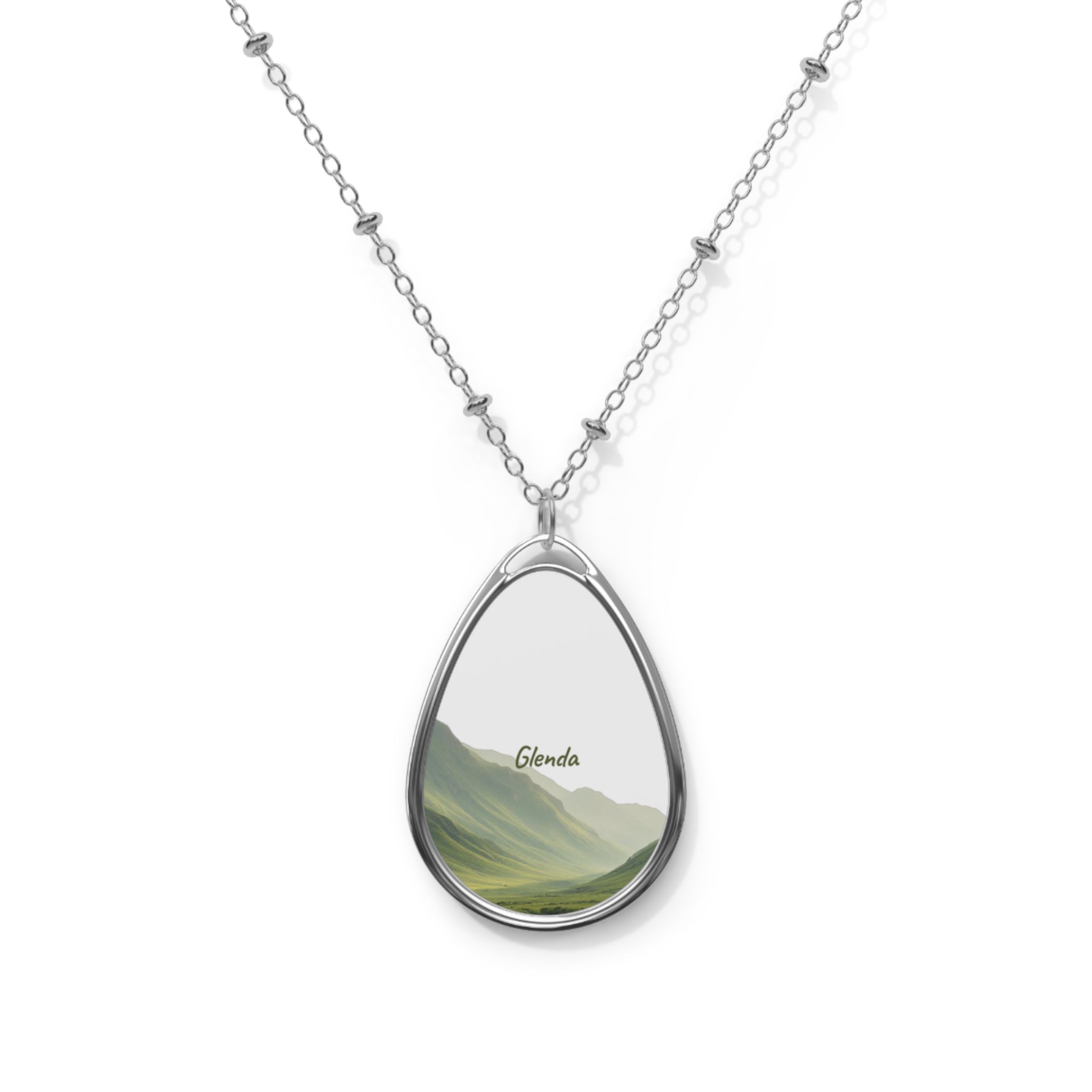 Personalized Oval Necklace — "Glenda" Mountain Scene Pendant
