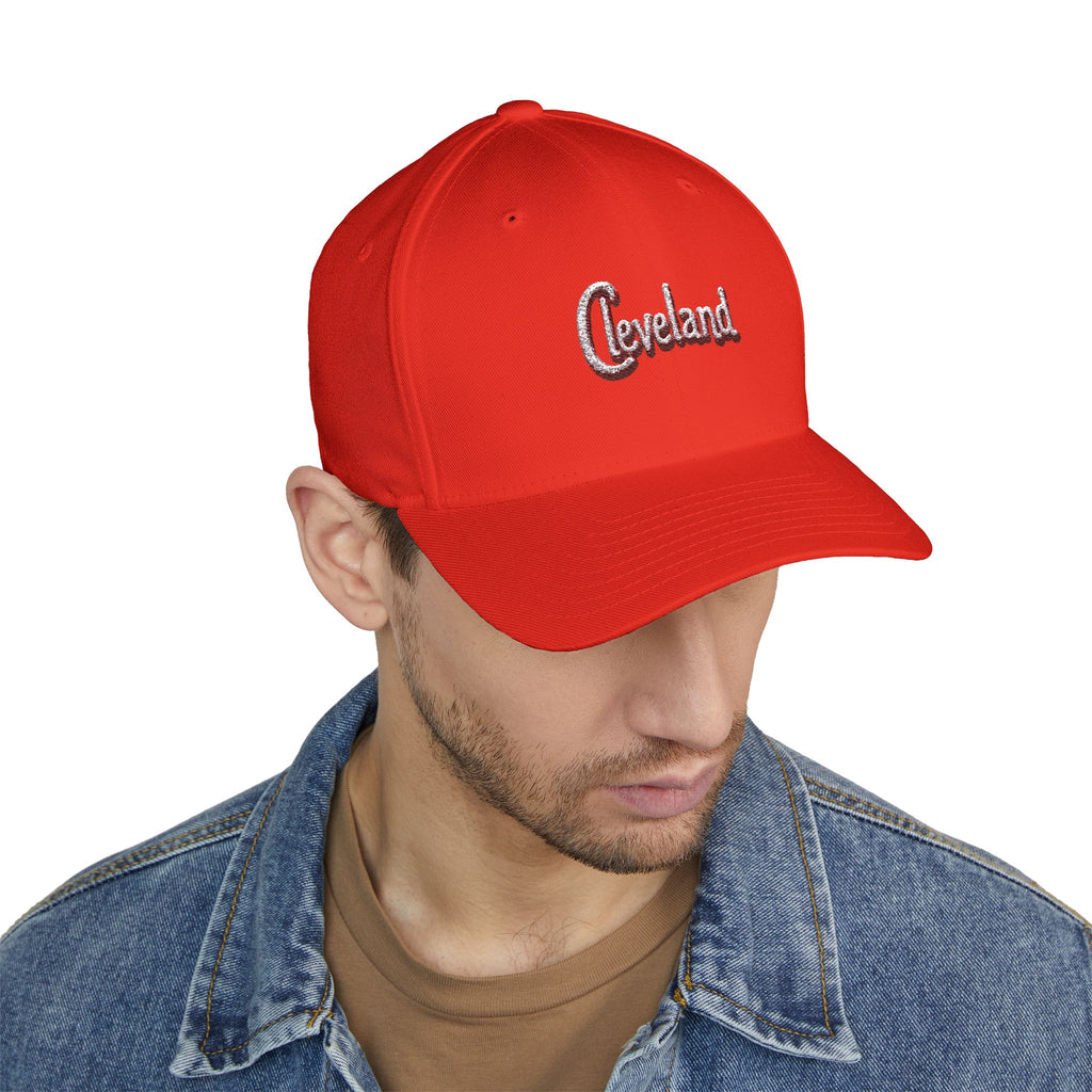 Cleveland Script Embroidered Cap — Classic White Closed-Back Baseball Hat