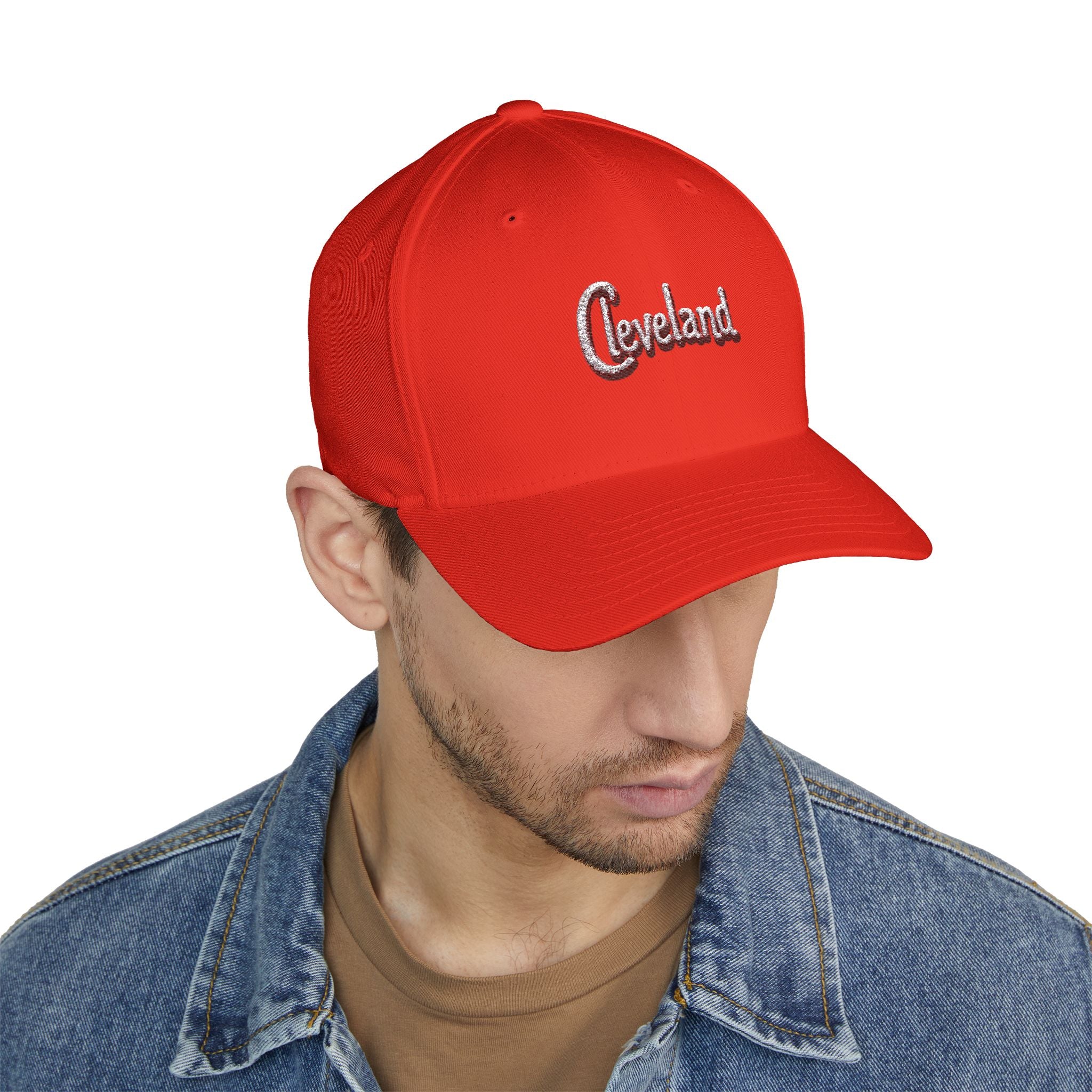 Cleveland Script Embroidered Cap — Classic White Closed-Back Baseball Hat