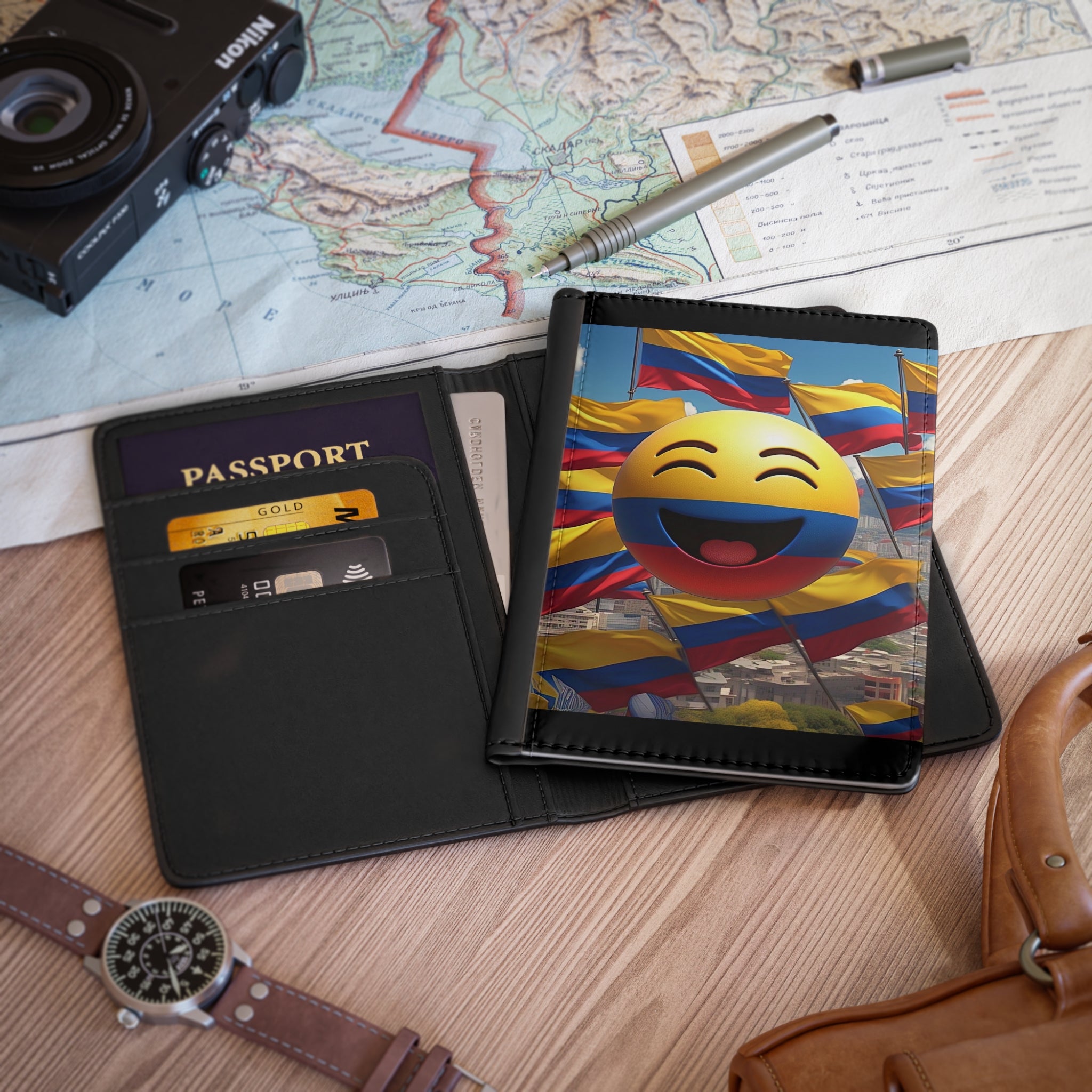 Funda para pasaporte con emojis coloridos, toque colombiano, tema de aventura para viajeros