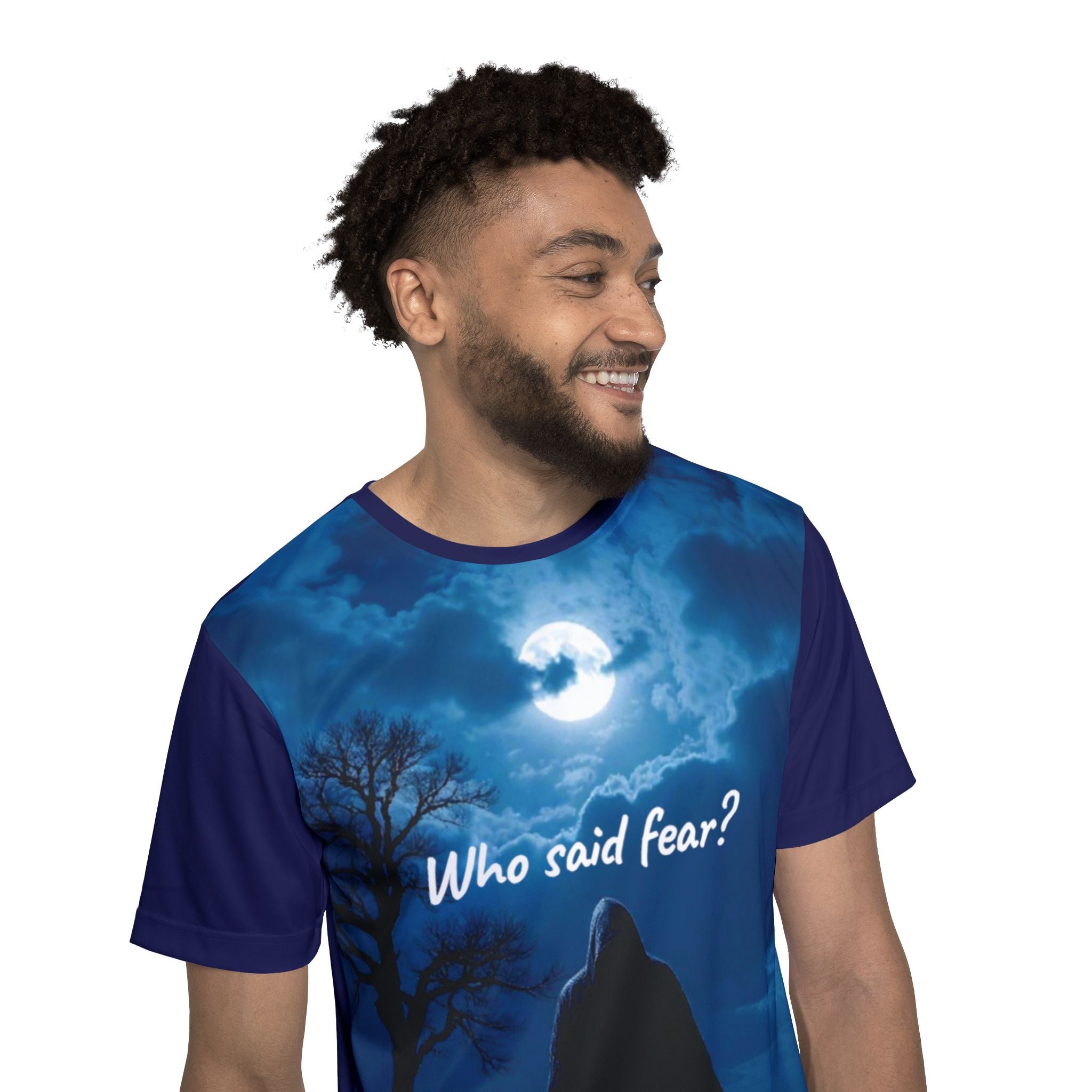 "Who Said Fear?" Full-Print T-Shirt — Night of Moon and Mystery