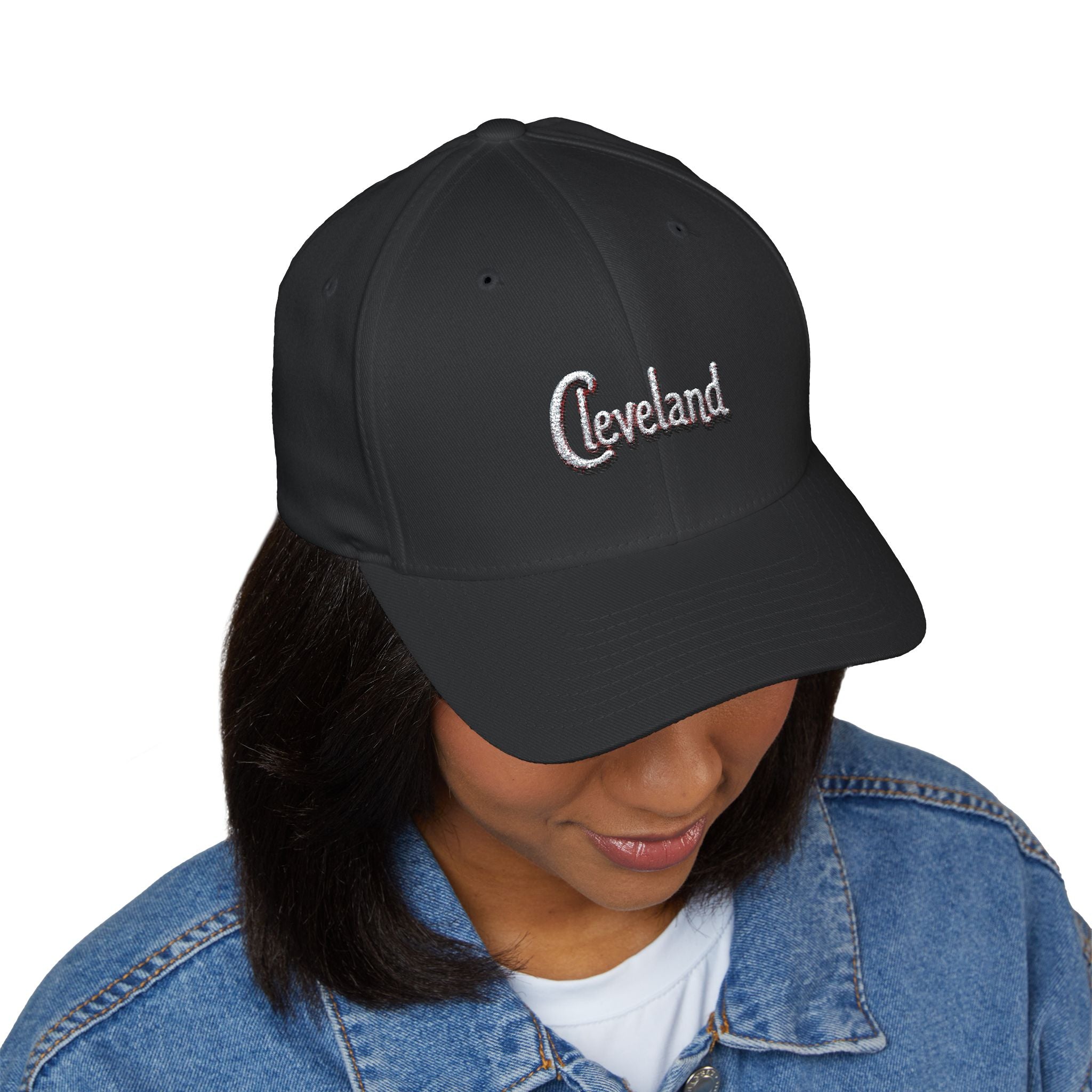 Cleveland Script Embroidered Cap — Classic White Closed-Back Baseball Hat