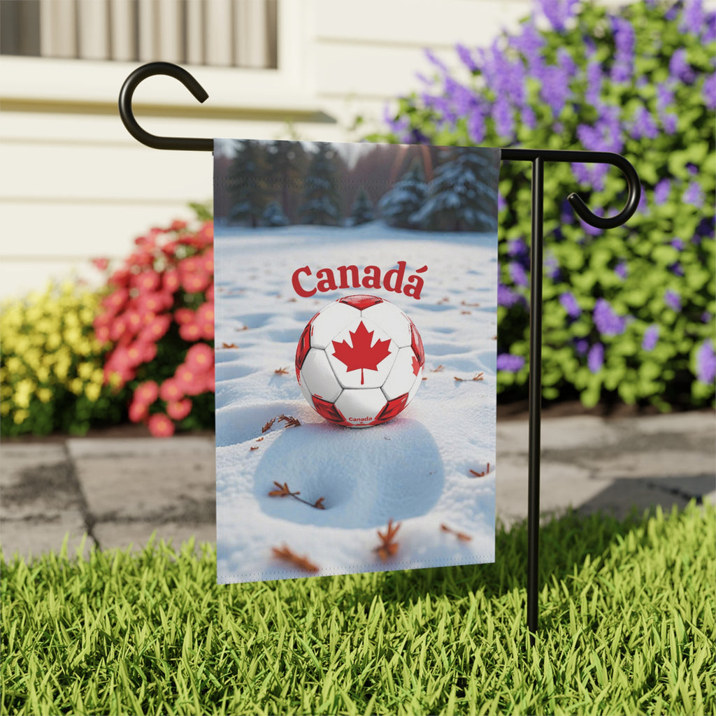 Canada Soccer Garden Flag — Maple Leaf Soccer Ball Winter Garden Banner