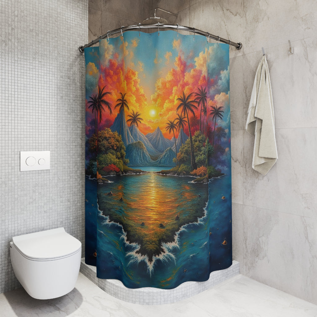"Tropical Sunset" Shower Curtain — Fantasy Landscape in Vivid Colors