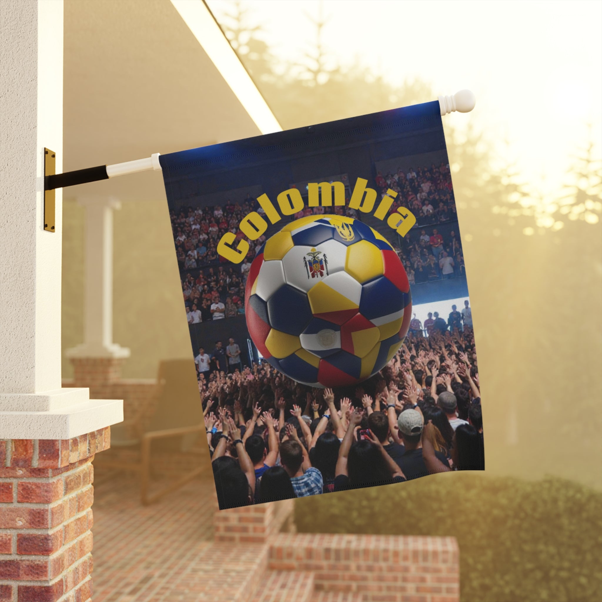 Colombia Soccer Fan Garden Flag – Colombia Text with National Flag Soccer Ball Outdoor Banner