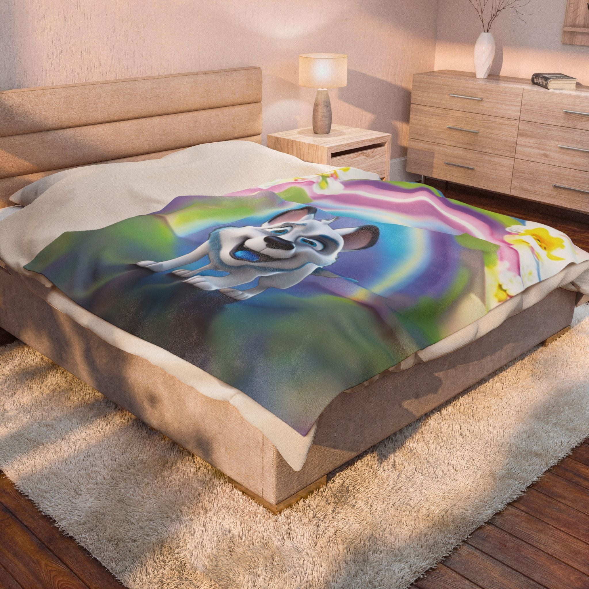 "Playful Puppy and Magic Rainbow" Velvet Plush Blanket – Dreams Filled with Joy! - Happy Dog Children's Throw Blanket