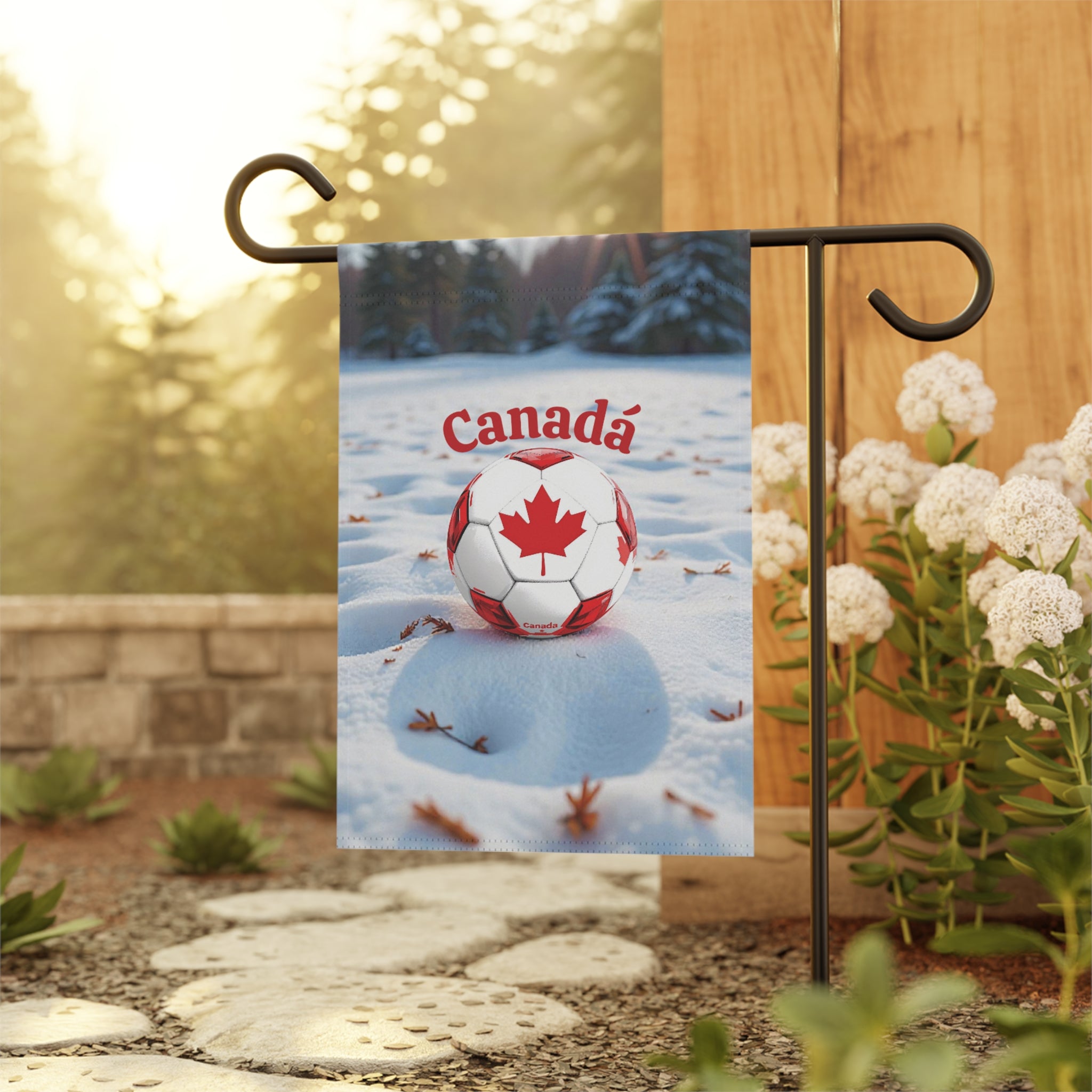Canada Soccer Garden Flag — Maple Leaf Soccer Ball Winter Garden Banner