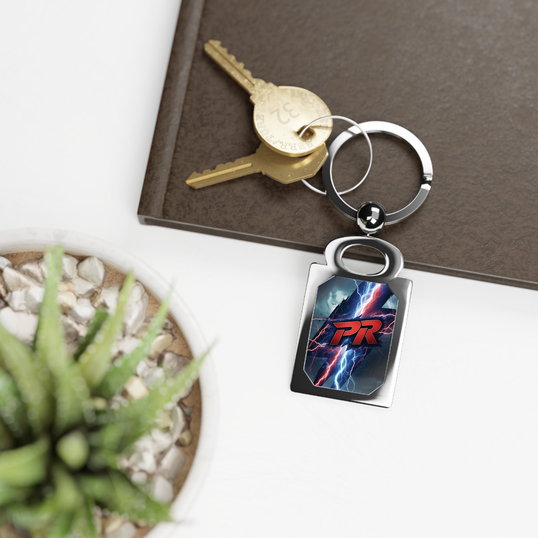 Racing Lightning Rectangle Keyring — Metal Photo Keychain with PR Logo