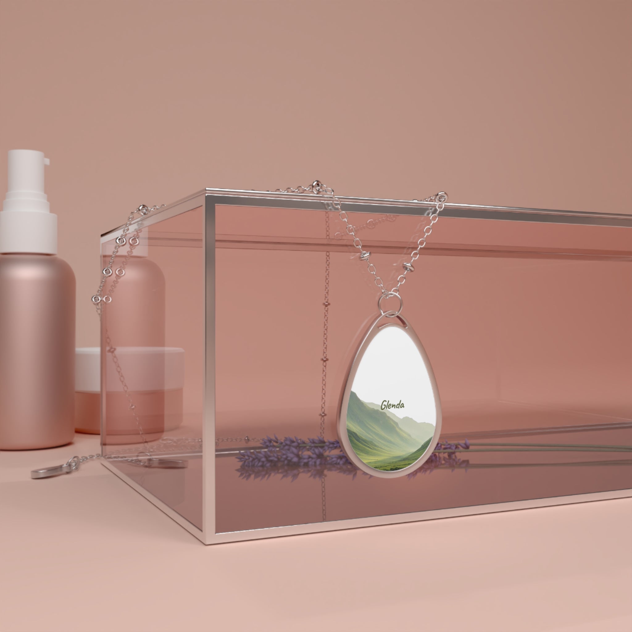 Personalized Oval Necklace — "Glenda" Mountain Scene Pendant