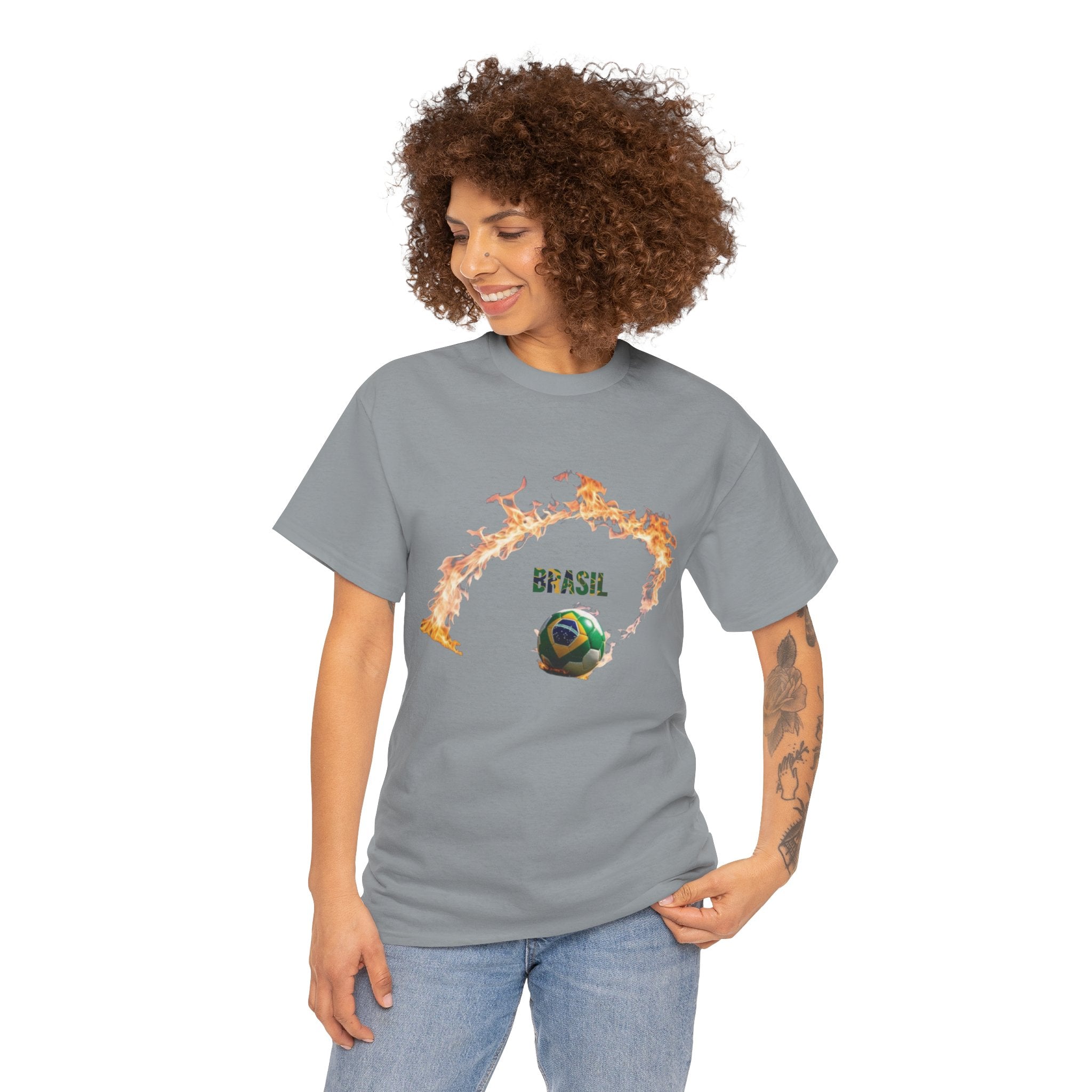 Camiseta unissex de algodão pesado Brazil Soccer Love - estampa divertida para fãs de esportes