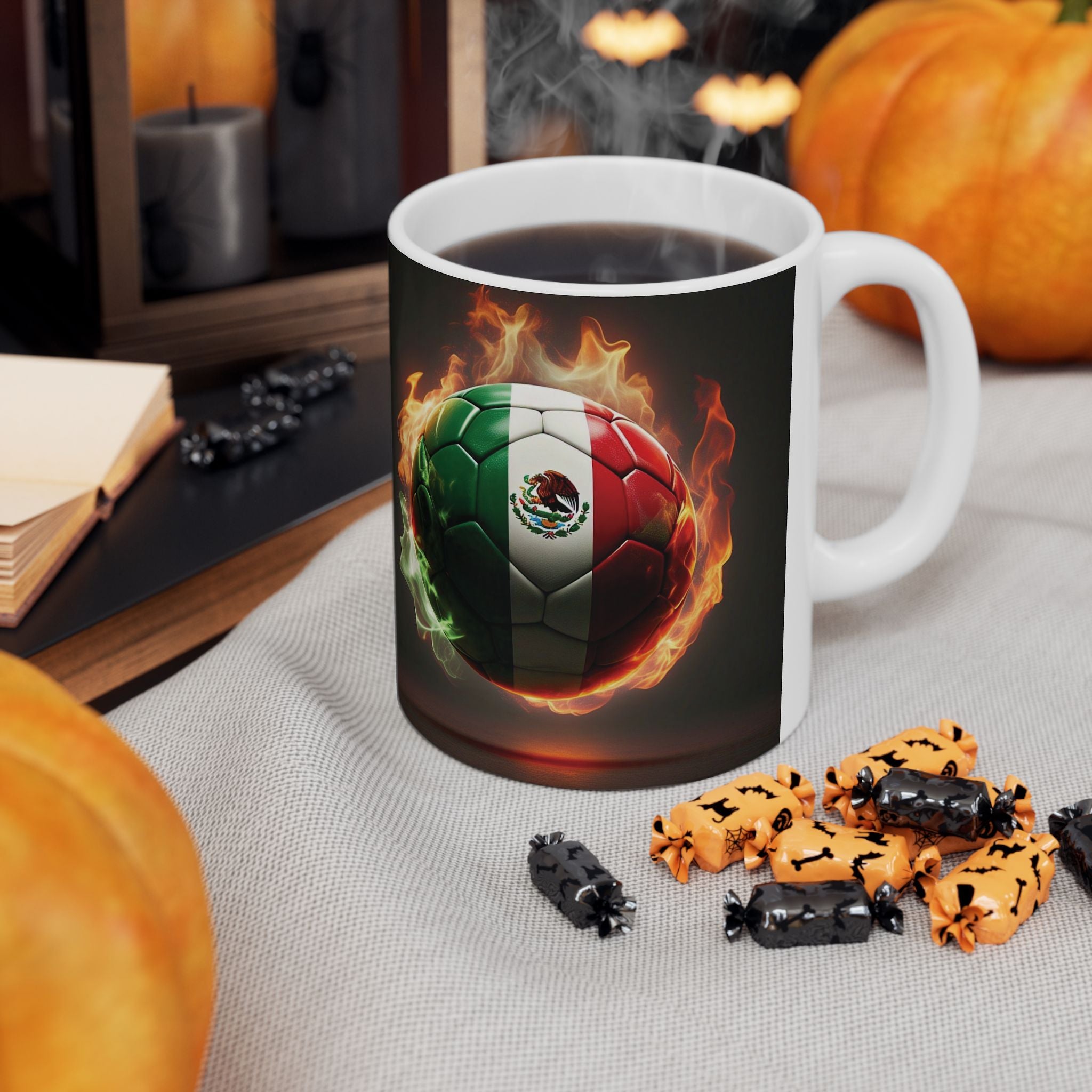 Taza de fútbol - Taza de cerámica con balón de fútbol y bandera mexicana (11oz, 15oz)