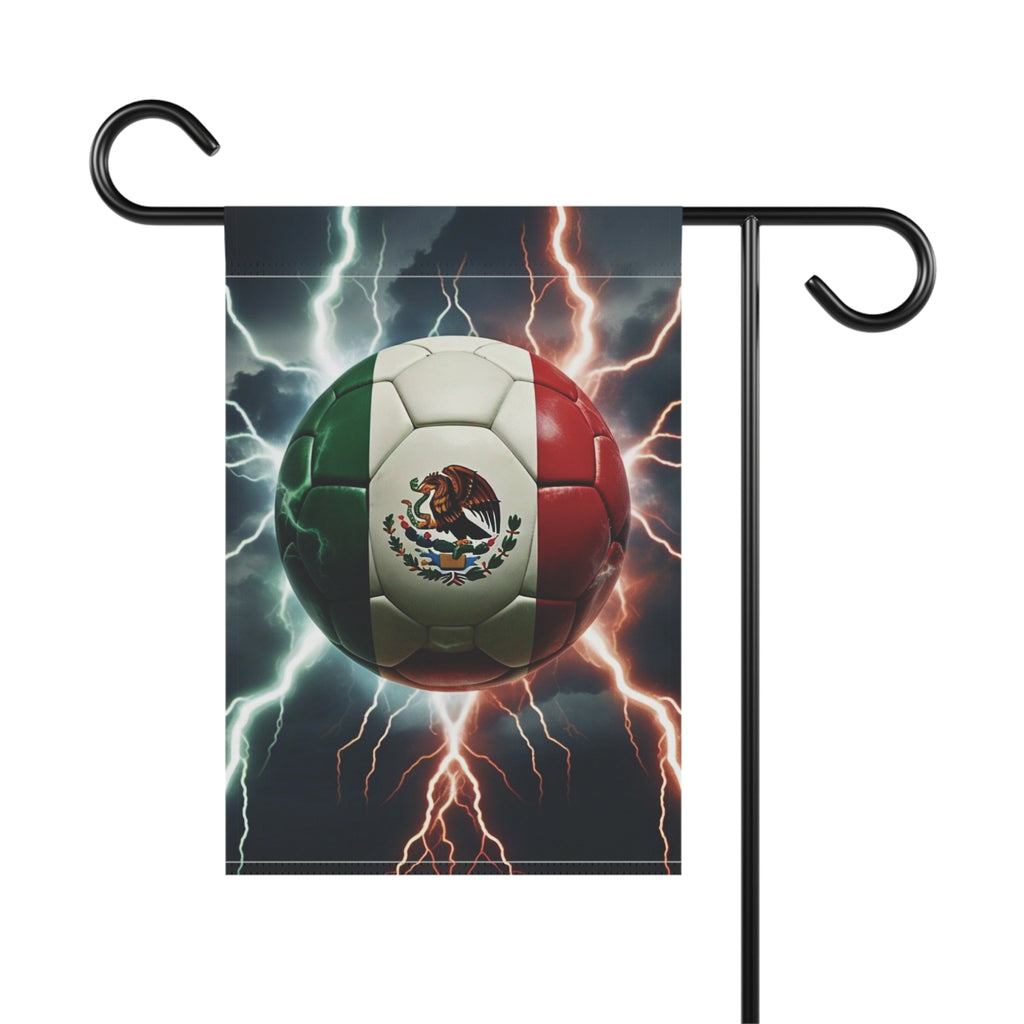 Mexican Flag Soccer Ball Garden Flag — Lightning Storm Outdoor House Banner for Mexico Football Fans