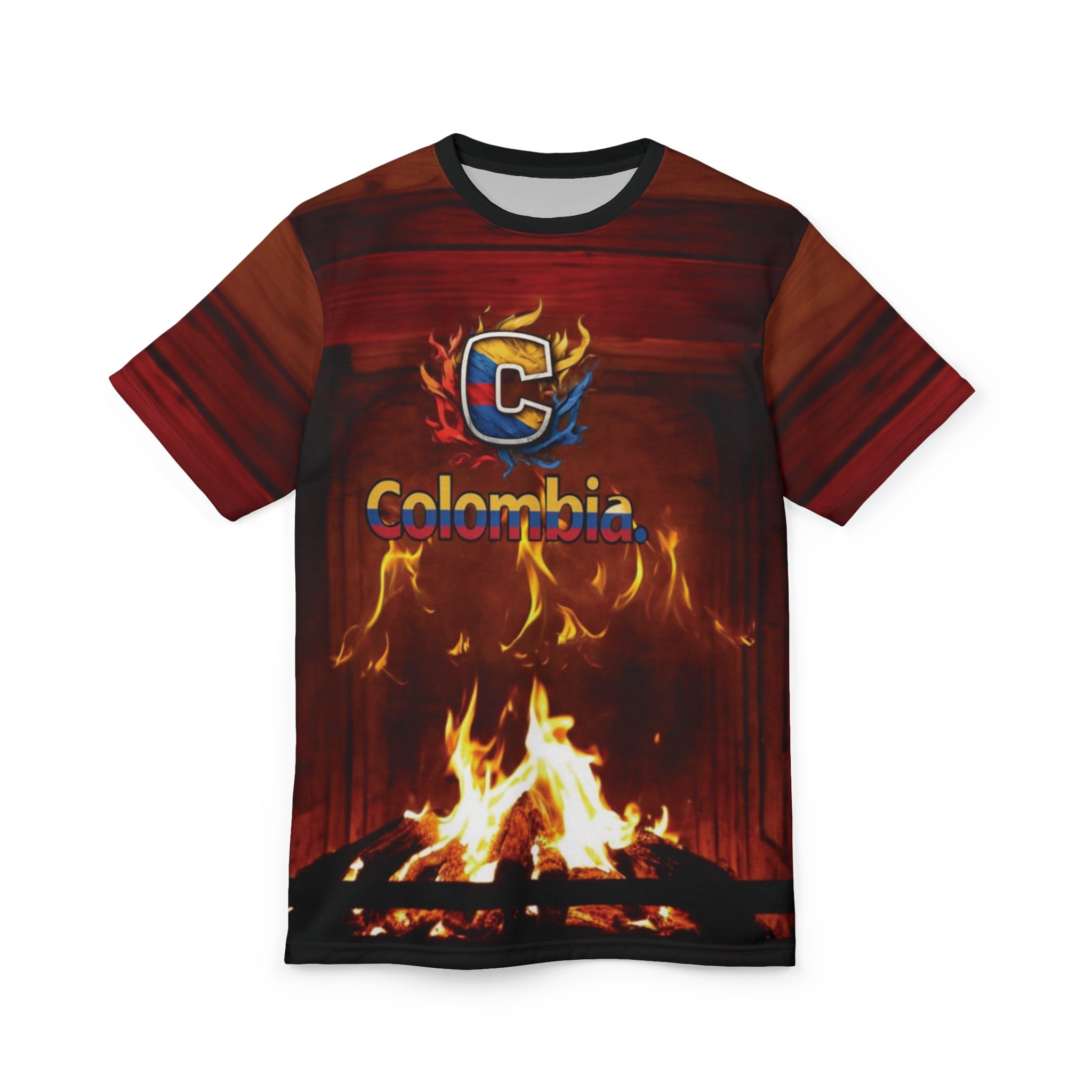 Camiseta unisex con corte y costura inspirados en el fuego de Colombia: camiseta gráfica colorida para un estilo informal y elegante.
