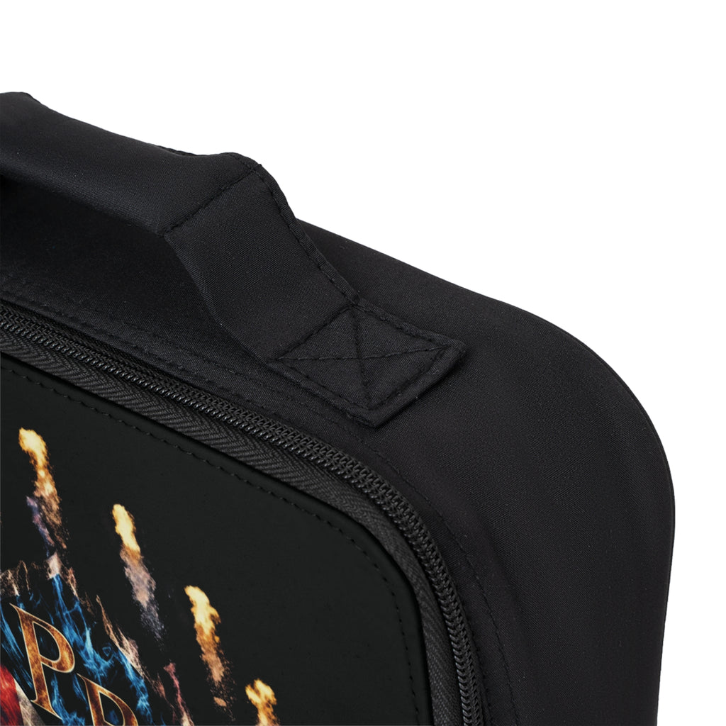 Bolsa de almuerzo con diseño de fuego y logotipo de PR: perfecta para la escuela, el trabajo y picnics.