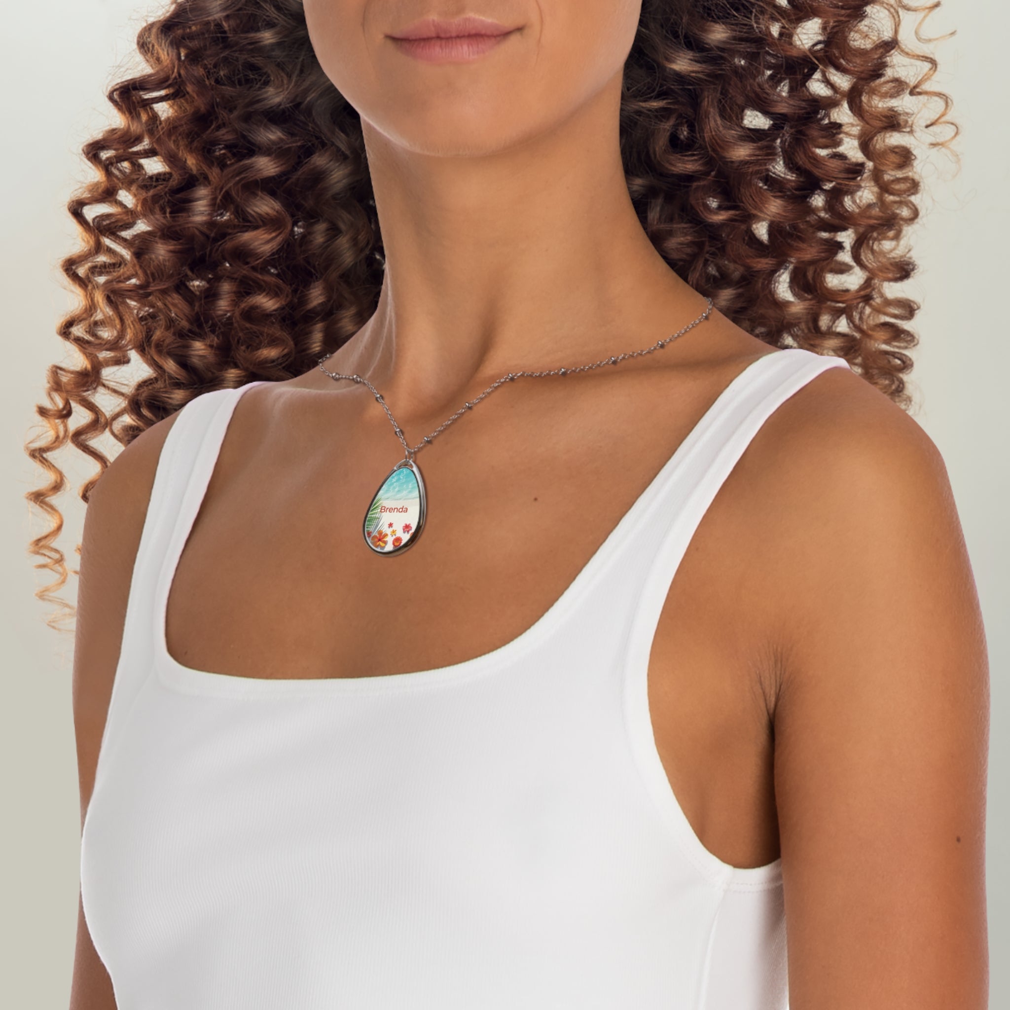 Personalized Oval Necklace — "Brenda" Tropical Beach Teardrop Pendant