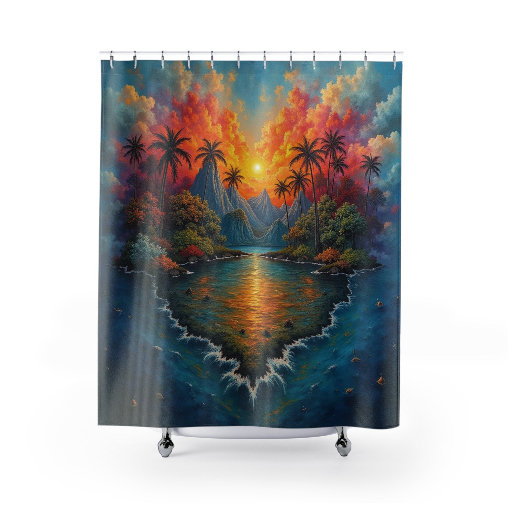 "Tropical Sunset" Shower Curtain — Fantasy Landscape in Vivid Colors
