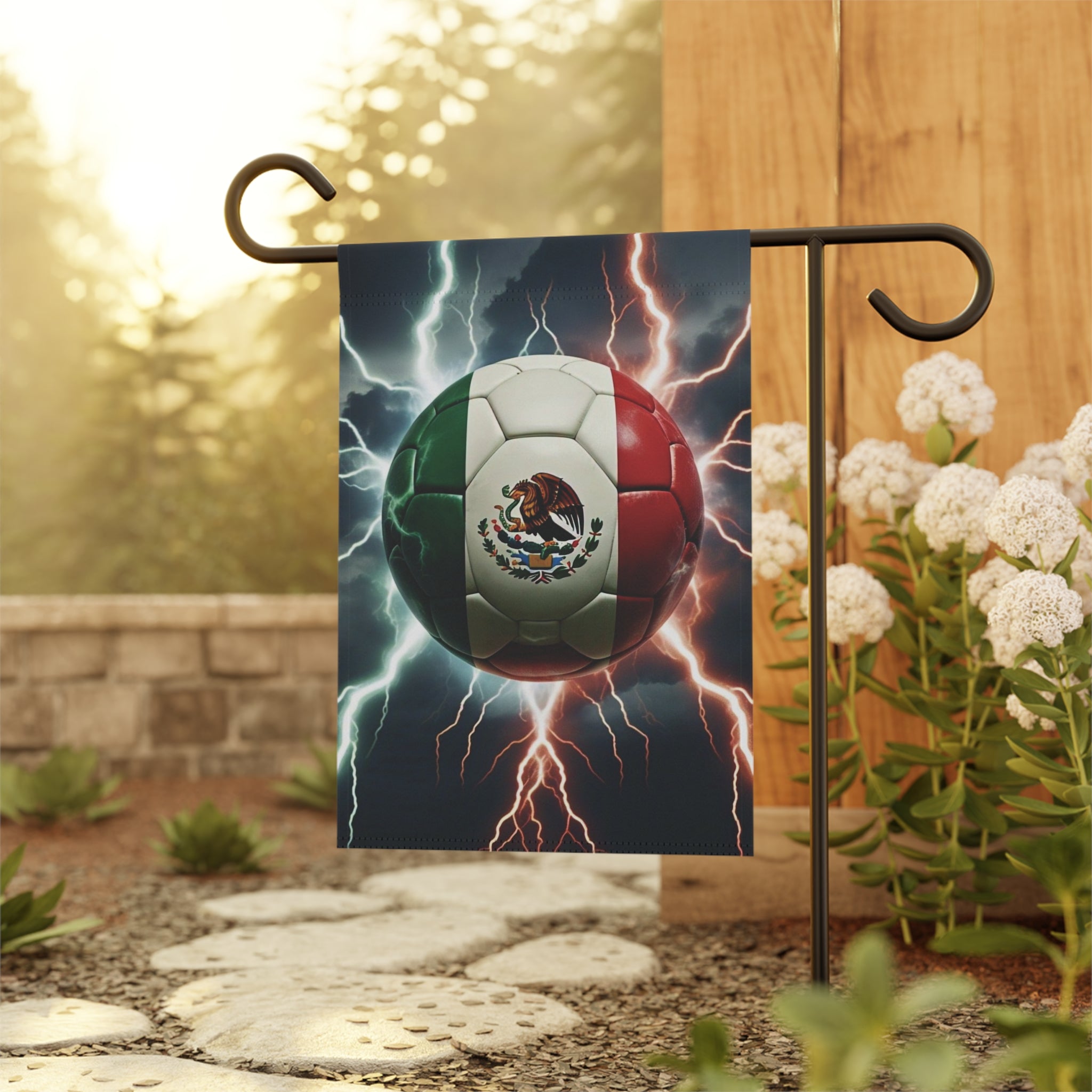 Mexican Flag Soccer Ball Garden Flag — Lightning Storm Outdoor House Banner for Mexico Football Fans