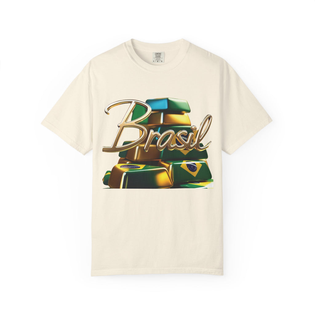 Unisex T-shirt with a Brazilian gold bar design – perfect for travelers and festival lovers