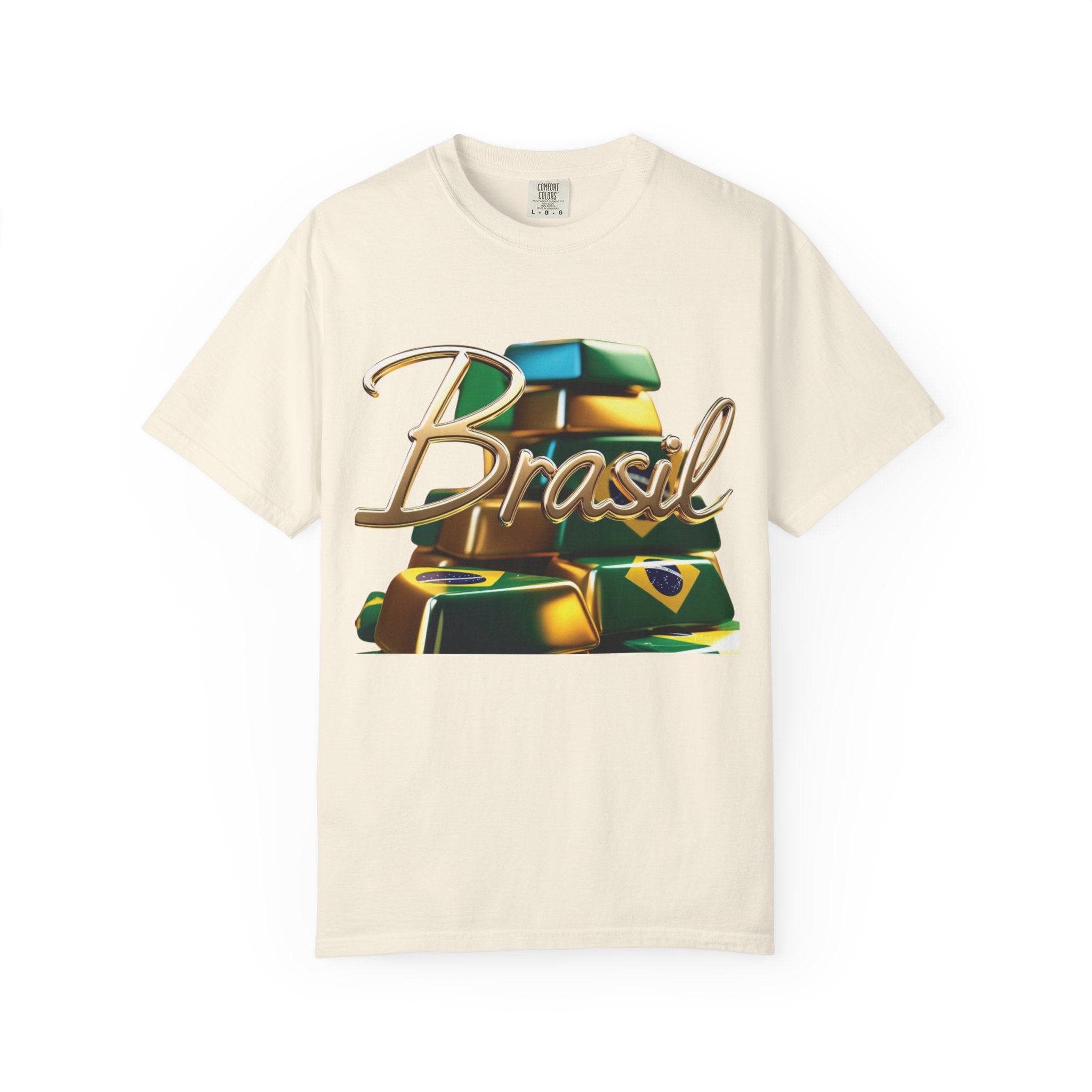 Unisex T-shirt with a Brazilian gold bar design – perfect for travelers and festival lovers
