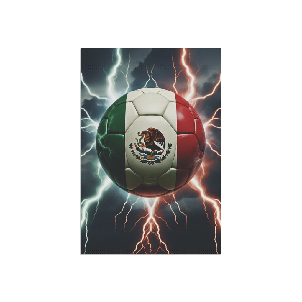Mexican Flag Soccer Ball Garden Flag — Lightning Storm Outdoor House Banner for Mexico Football Fans