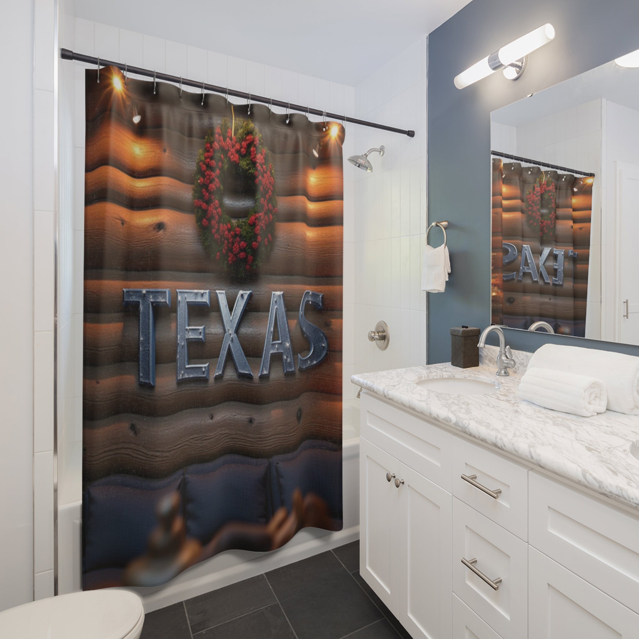 Rustic Texas Wreath Shower Curtain, Cozy Home Decor, Holiday Bathroom Style, Farmhouse Aesthetic, Texas-themed Gift 