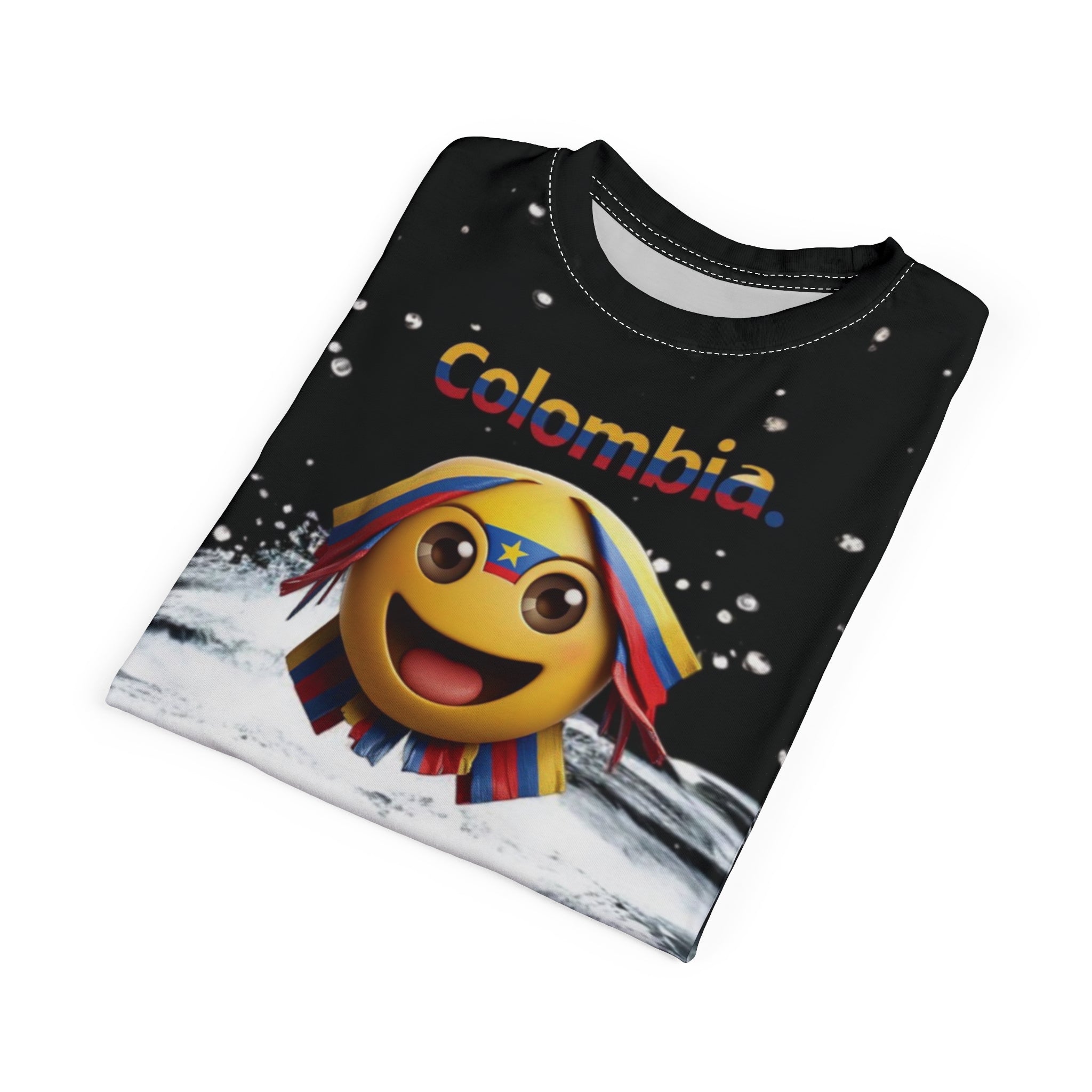 Camiseta unisex con emoji de Colombia y salpicaduras de agua: diseño divertido y vibrante para celebrar.