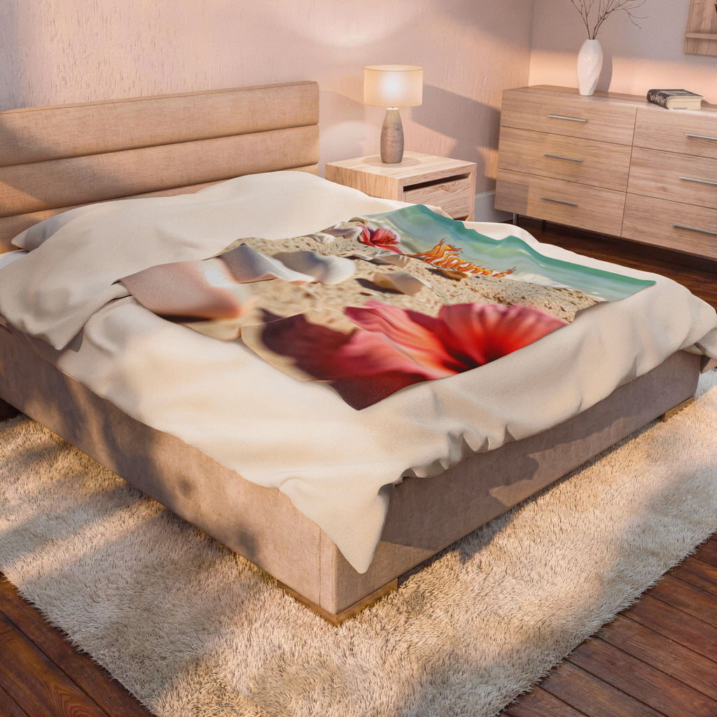 "Miami Playa" Blanket — Shells and Hibiscus, Cozy Tropical Decor for Relaxation