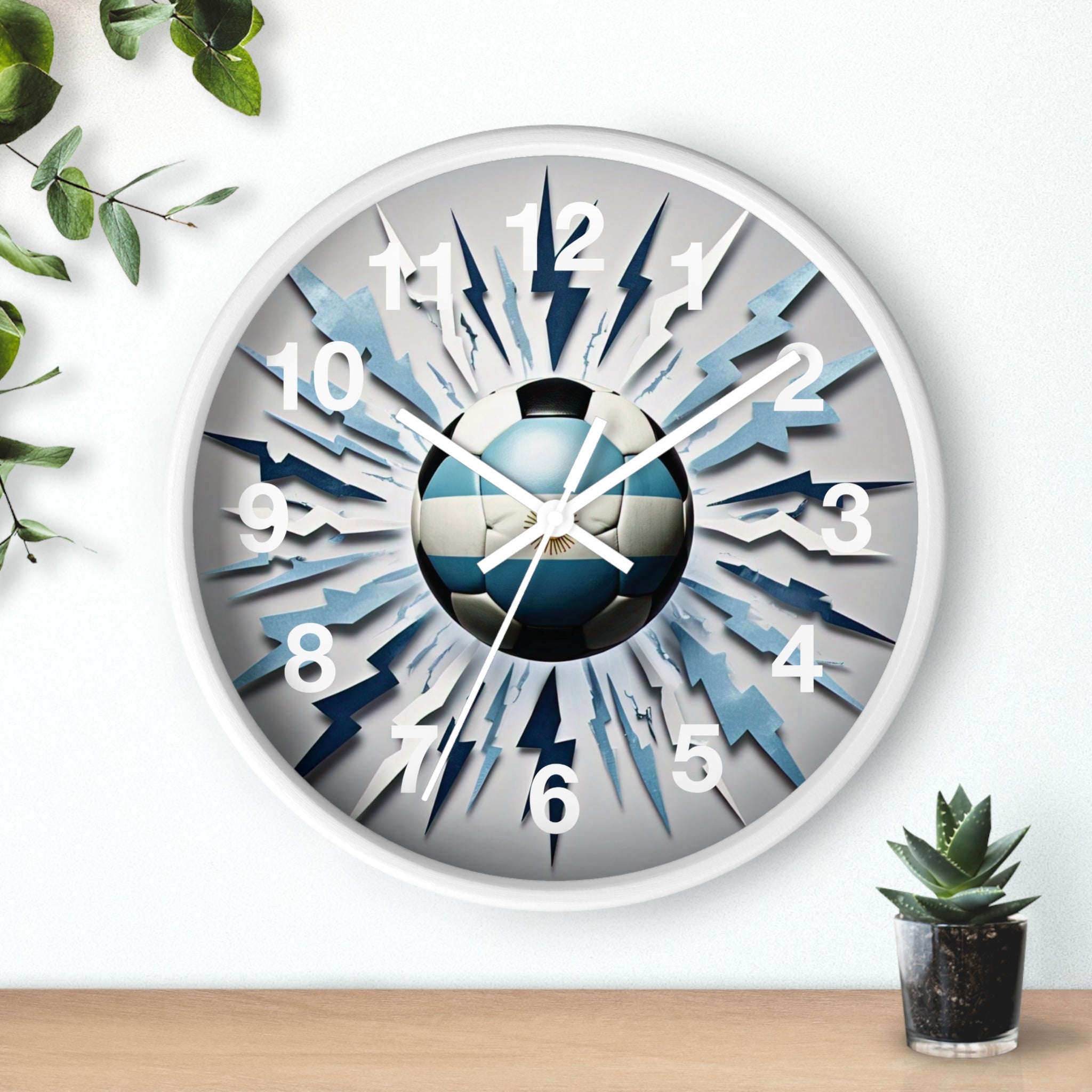 Reloj de pared con balón de fútbol, diseño de bandera argentina para aficionados al deporte, reloj vibrante con temática de fútbol, explosión de fútbol
