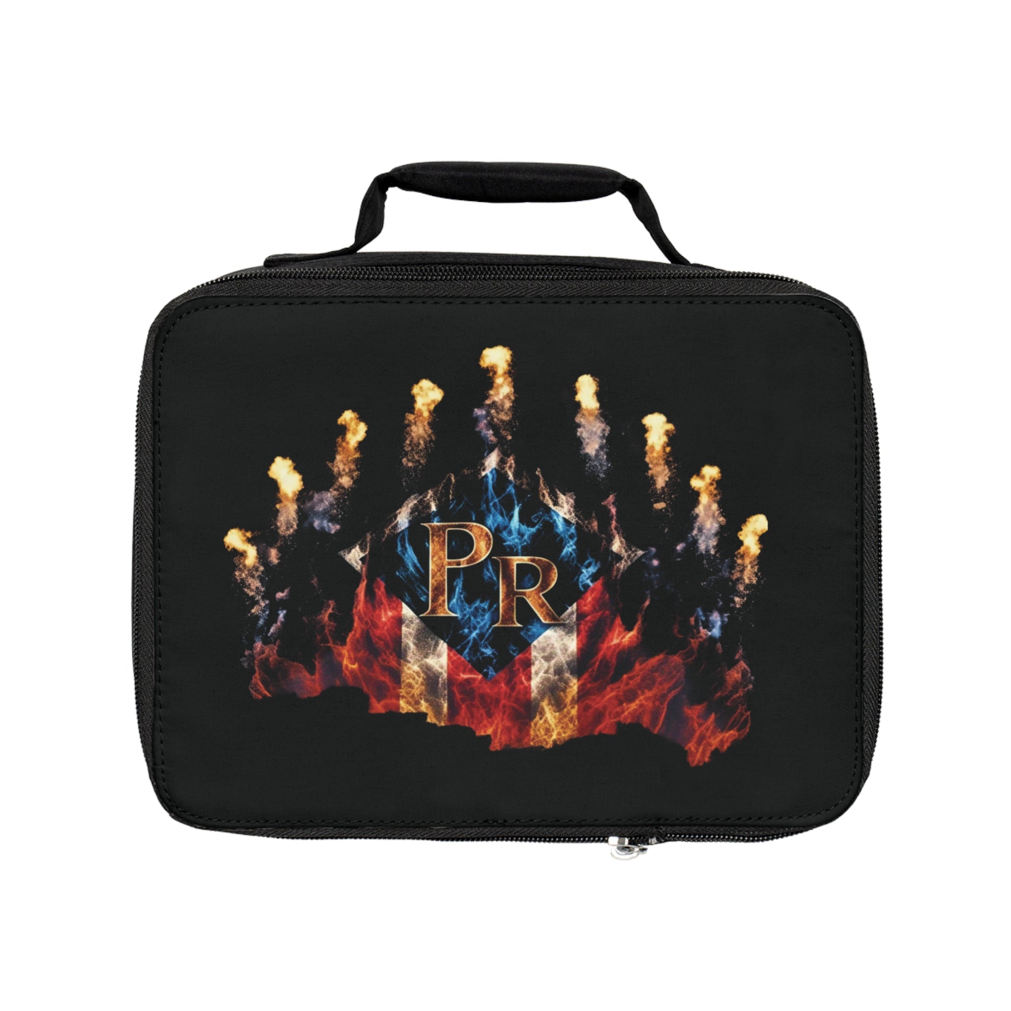 Bolsa de almuerzo con diseño de fuego y logotipo de PR: perfecta para la escuela, el trabajo y picnics.