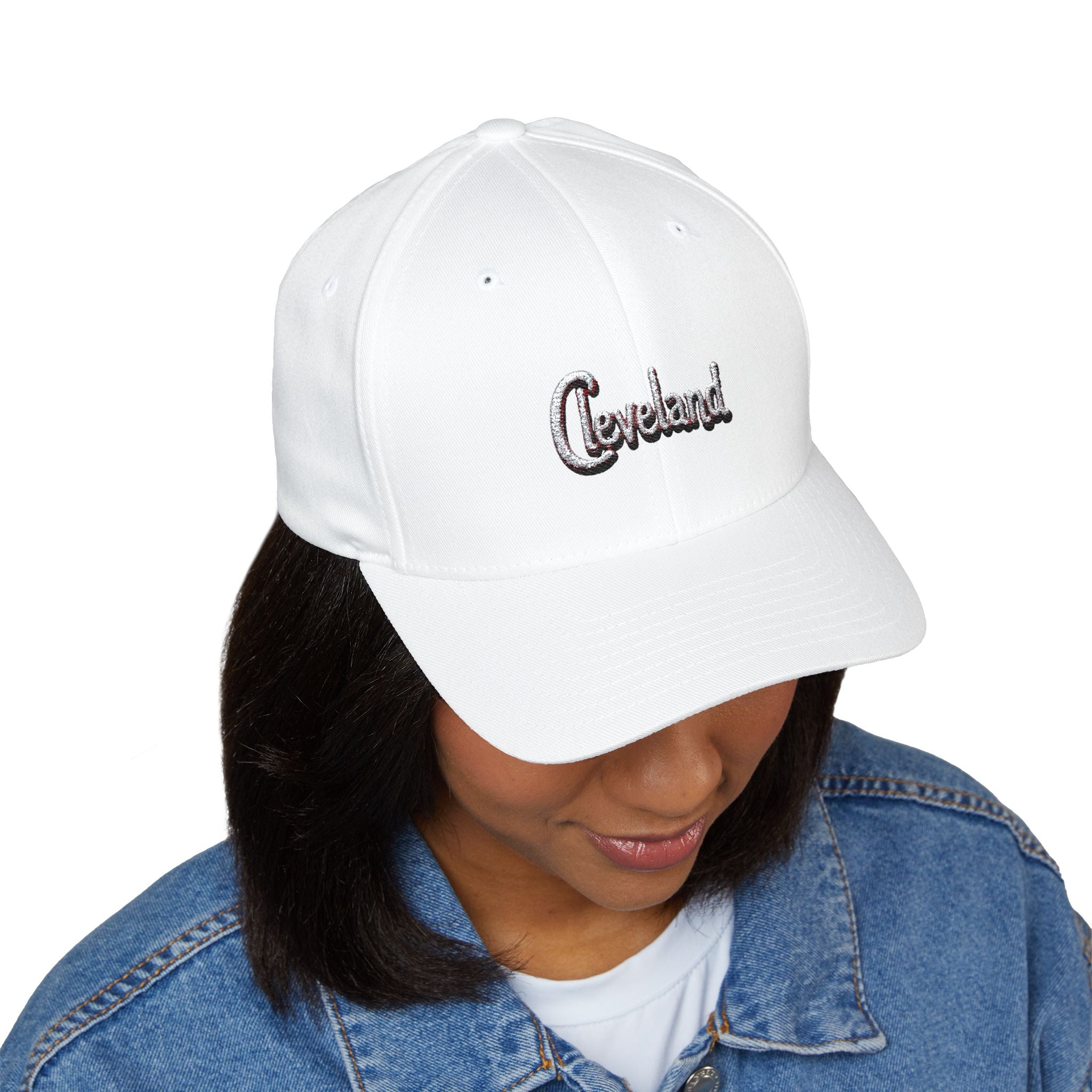 Cleveland Script Embroidered Cap — Classic White Closed-Back Baseball Hat