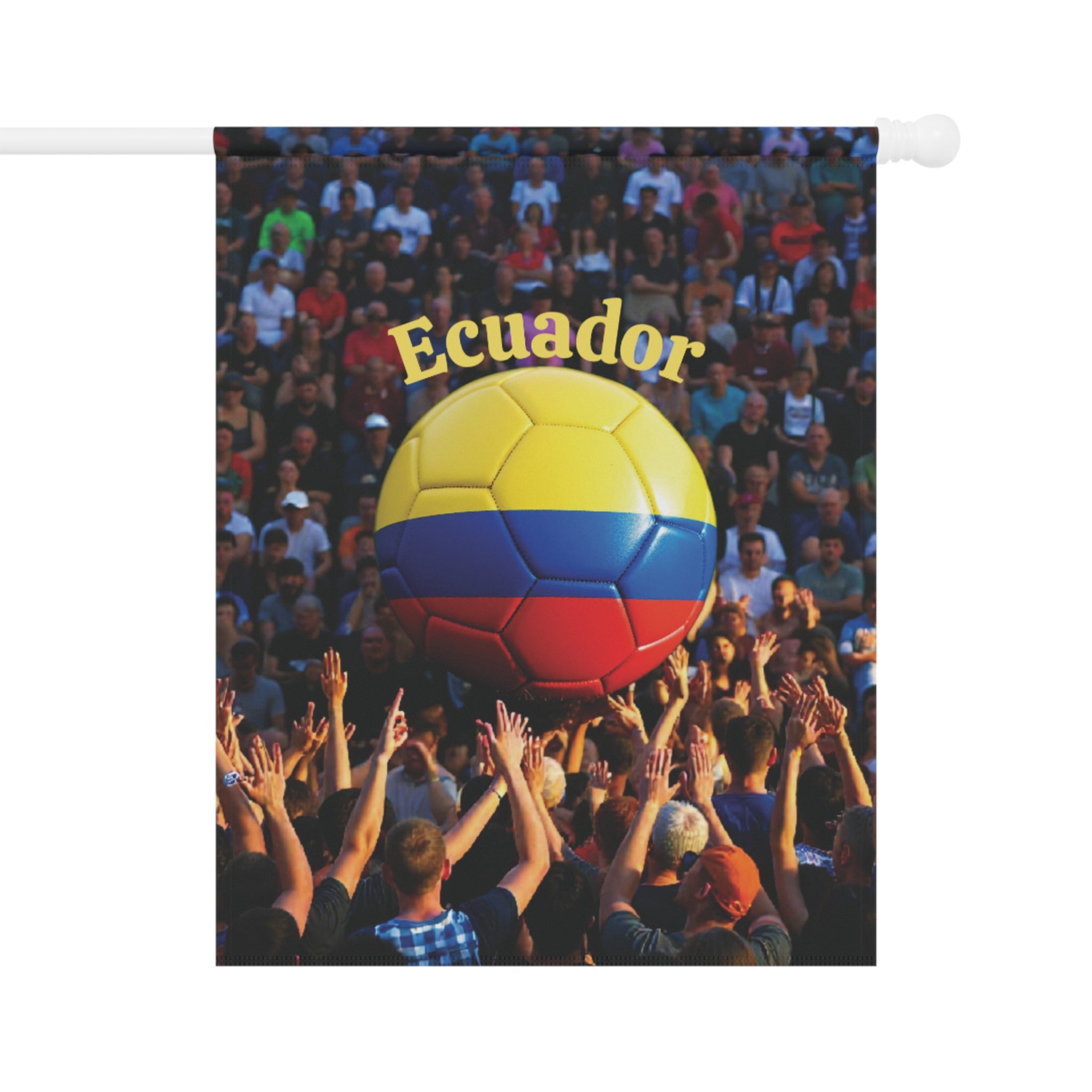 Ecuador Soccer Garden Flag — Crowd & Tricolor Ball Outdoor Banner