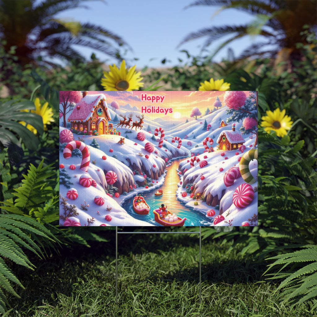 Festive Holiday Lawn Sign: Cheerful Candyland Design with 'Happy Holidays'