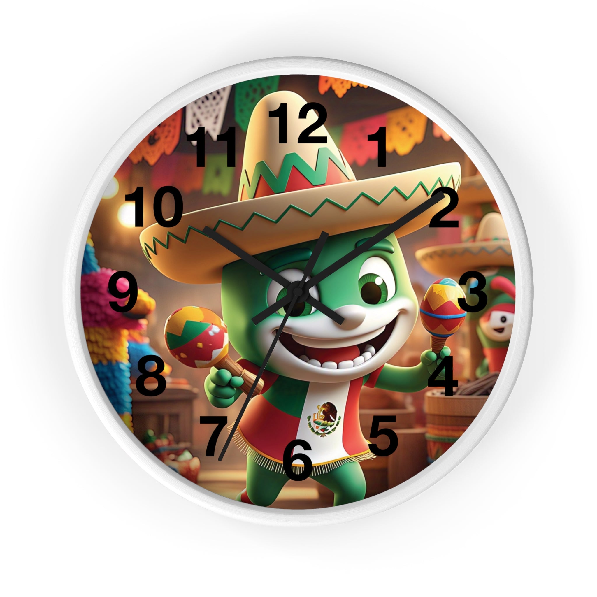 Reloj de pared festivo de temática mexicana con diseño de personajes coloridos