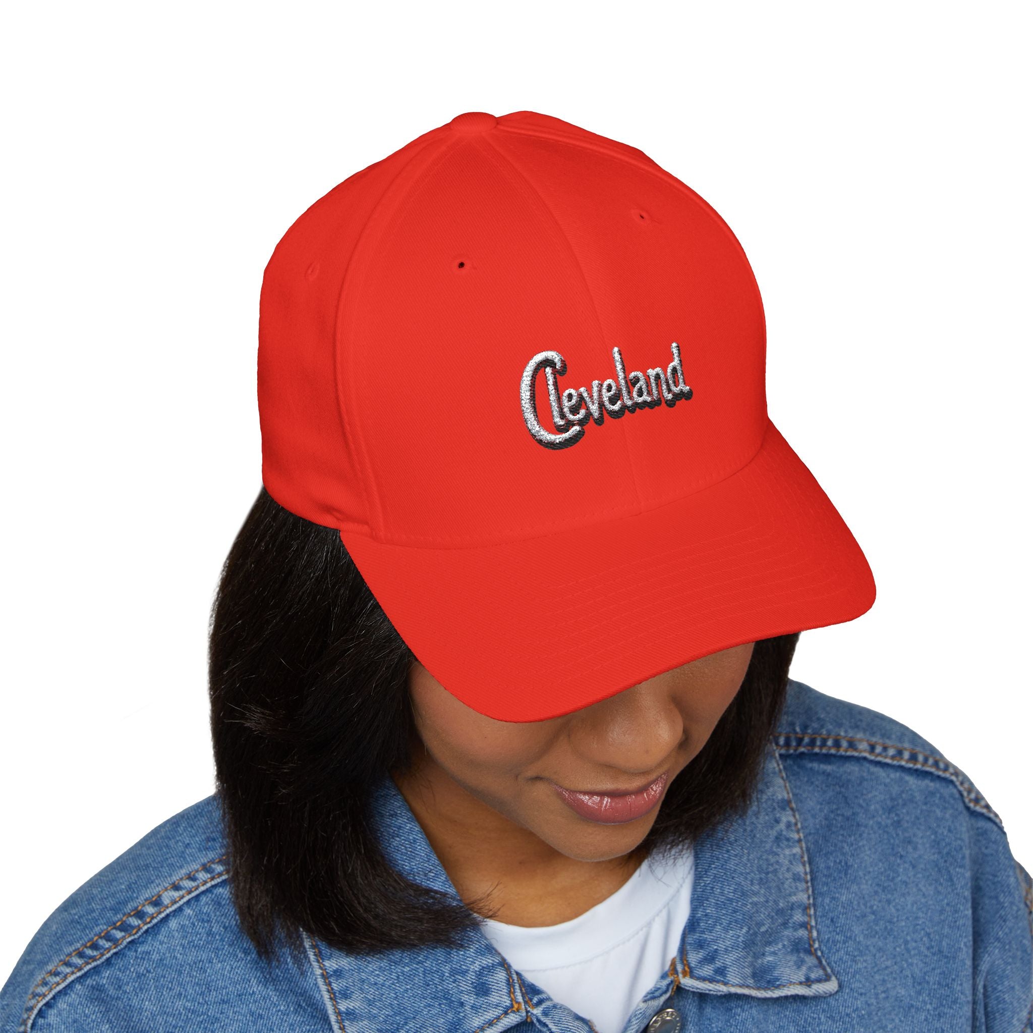 Cleveland Script Embroidered Cap — Classic White Closed-Back Baseball Hat
