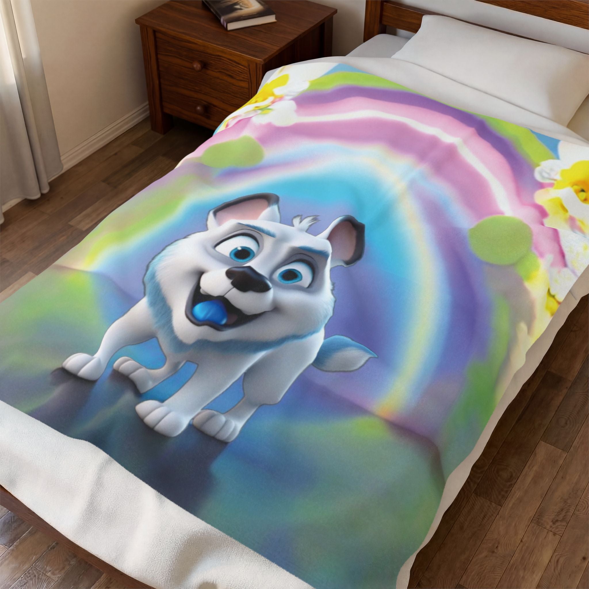 "Playful Puppy and Magic Rainbow" Velvet Plush Blanket – Dreams Filled with Joy! - Happy Dog Children's Throw Blanket