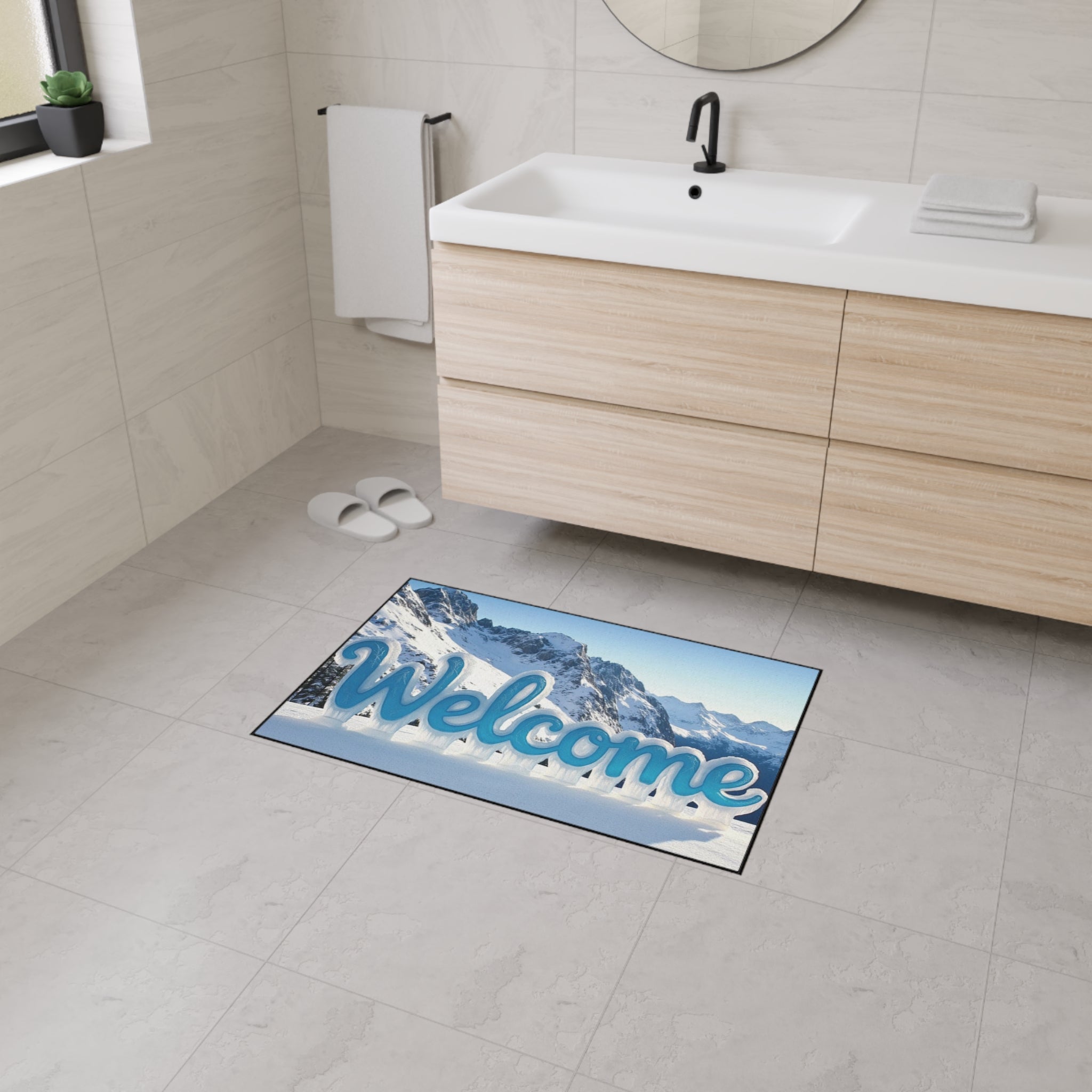 "Winter Welcome" Rug — Mountain Design and Cozy Text