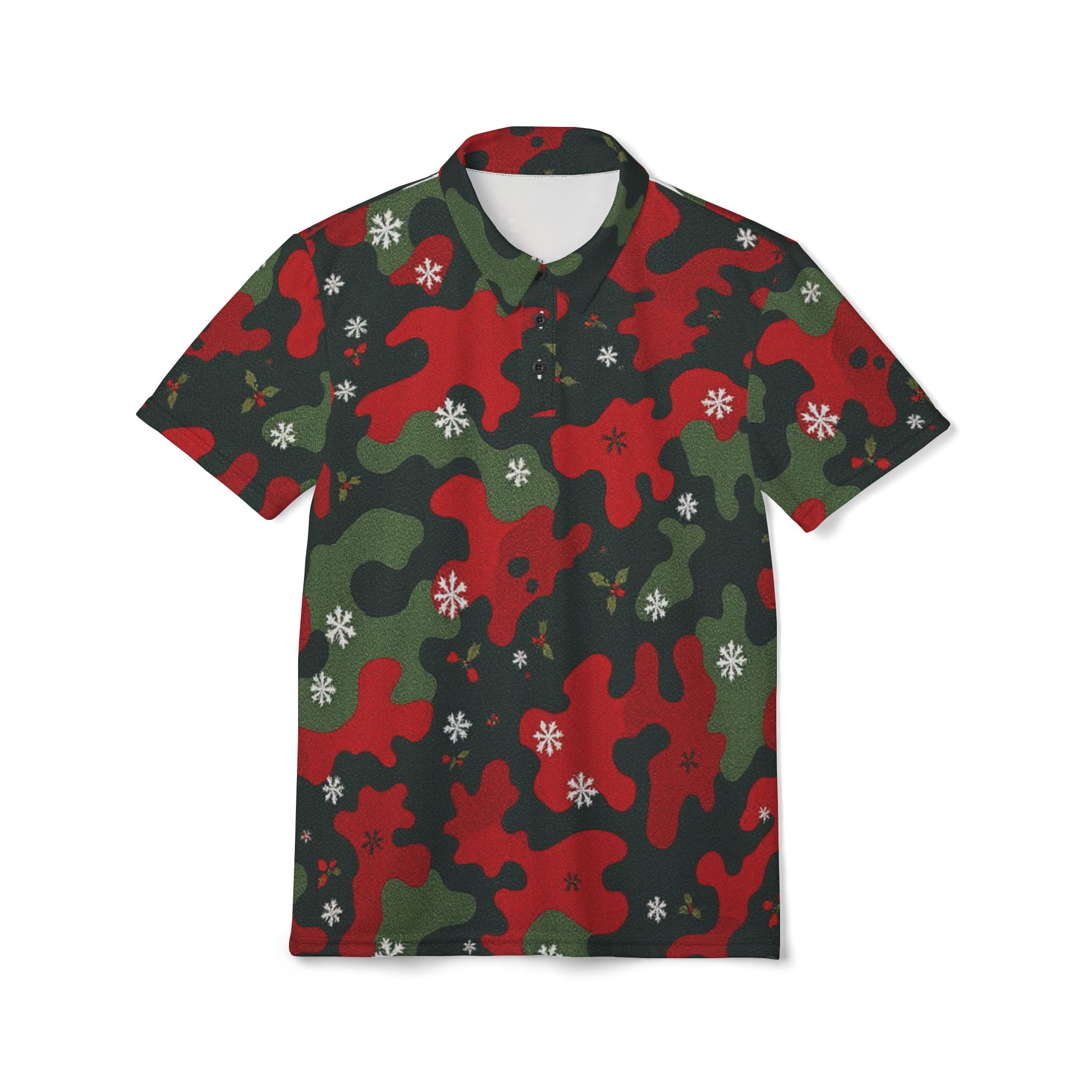 Christmas Camo Polo Shirt — Red & Green Holiday Snowflake Pattern