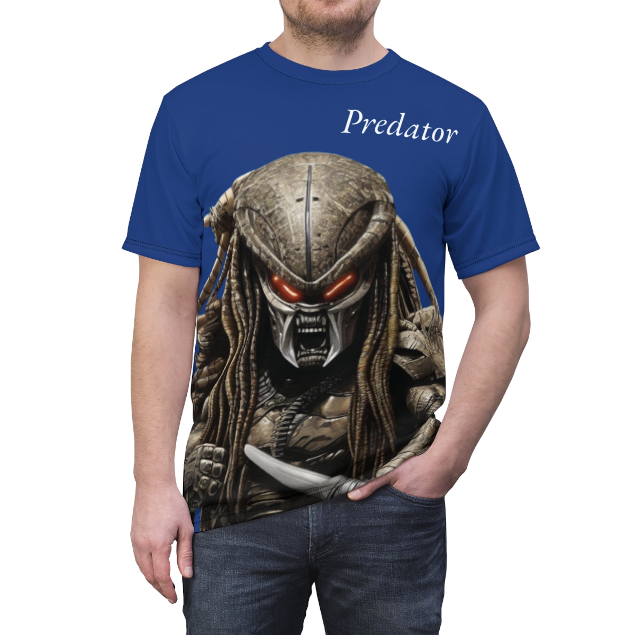 Predator artificial intelligence image t-shirt, blue  color for men cut and sew: stylish casual t-shirt,