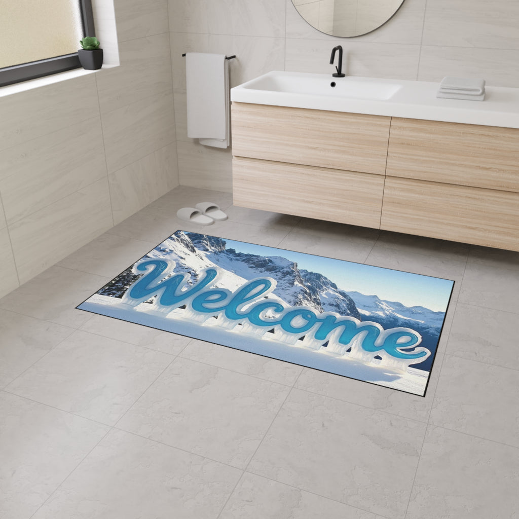 "Winter Welcome" Rug — Mountain Design and Cozy Text
