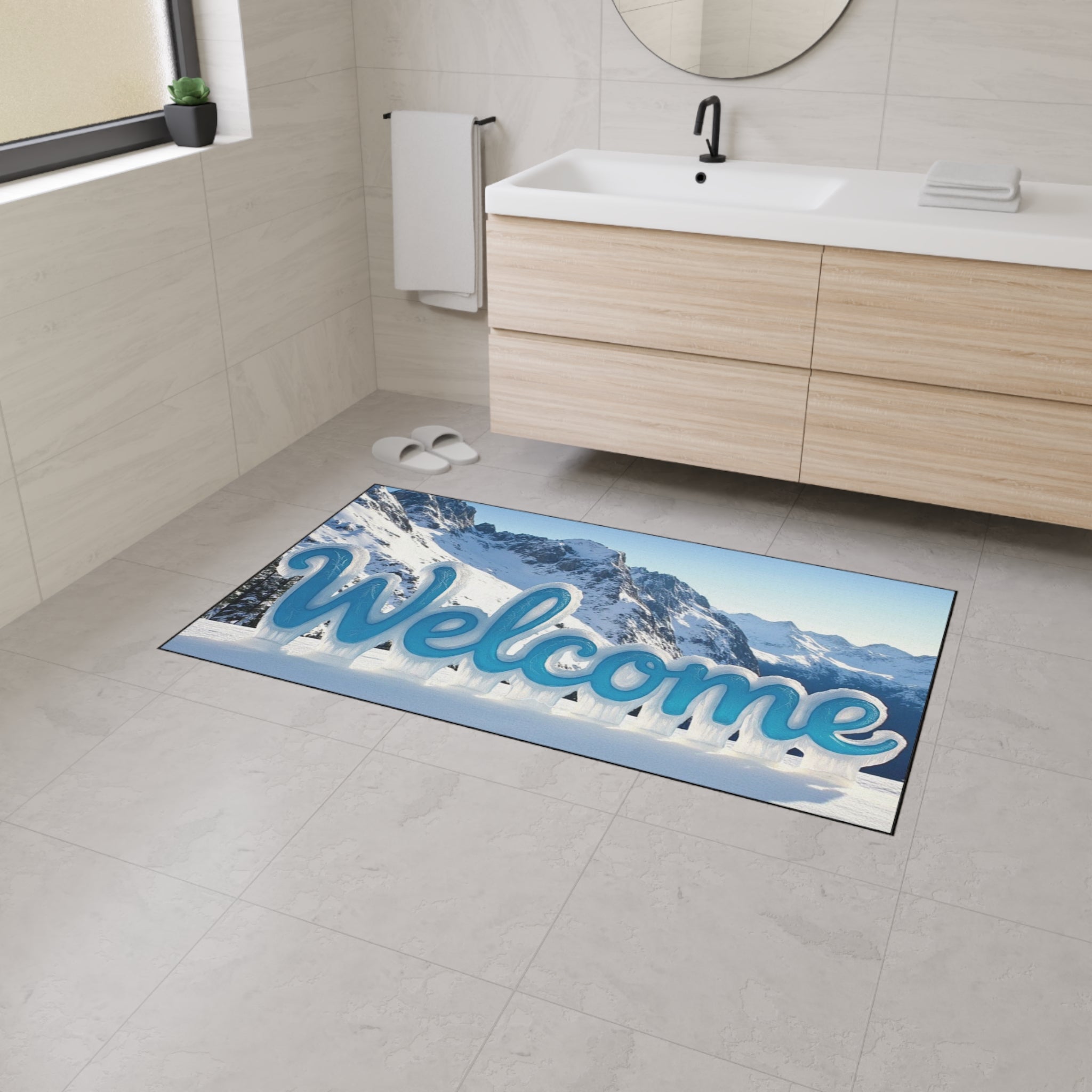 "Winter Welcome" Rug — Mountain Design and Cozy Text